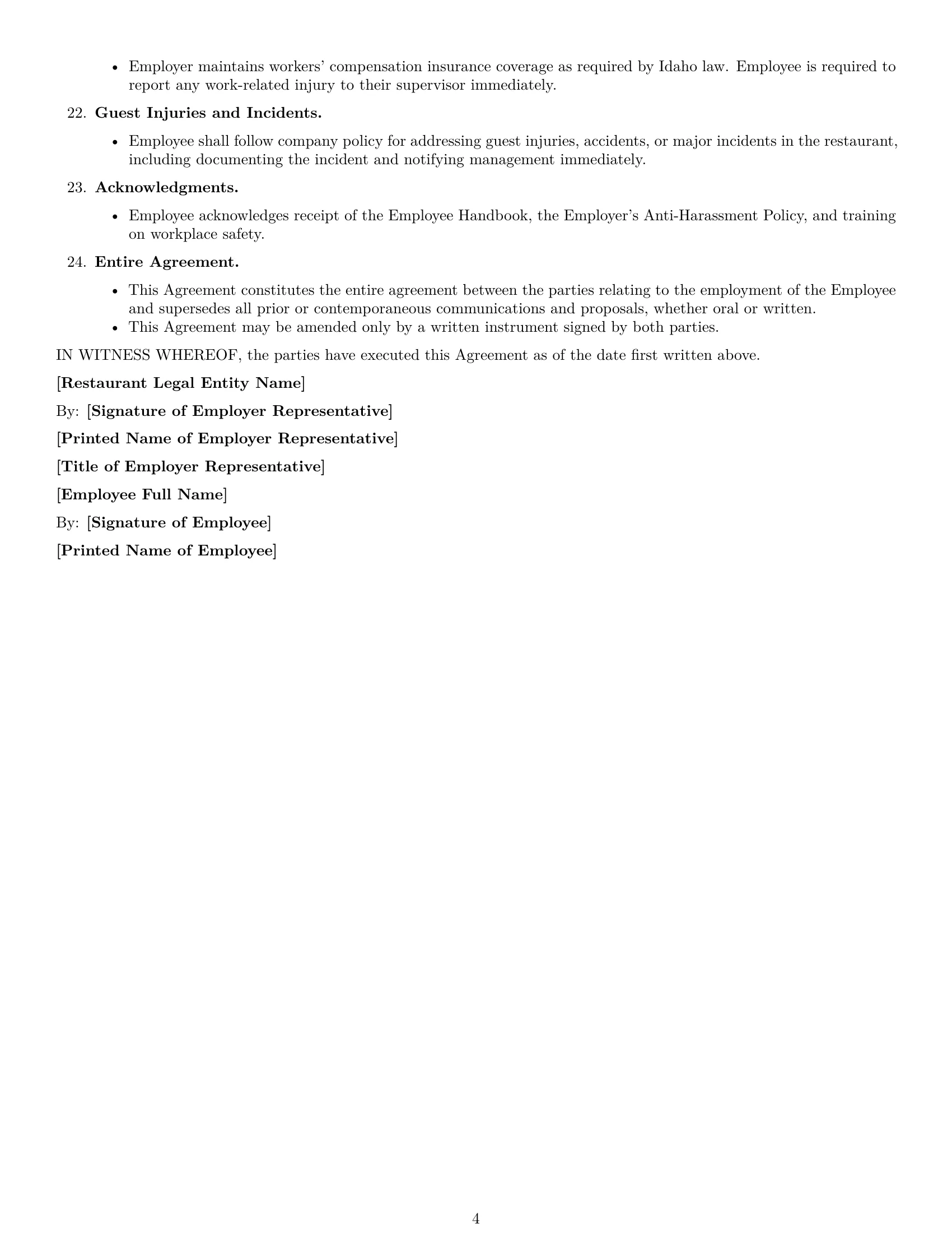 Preview page 4 of Free Idaho restaurant server employment contract template