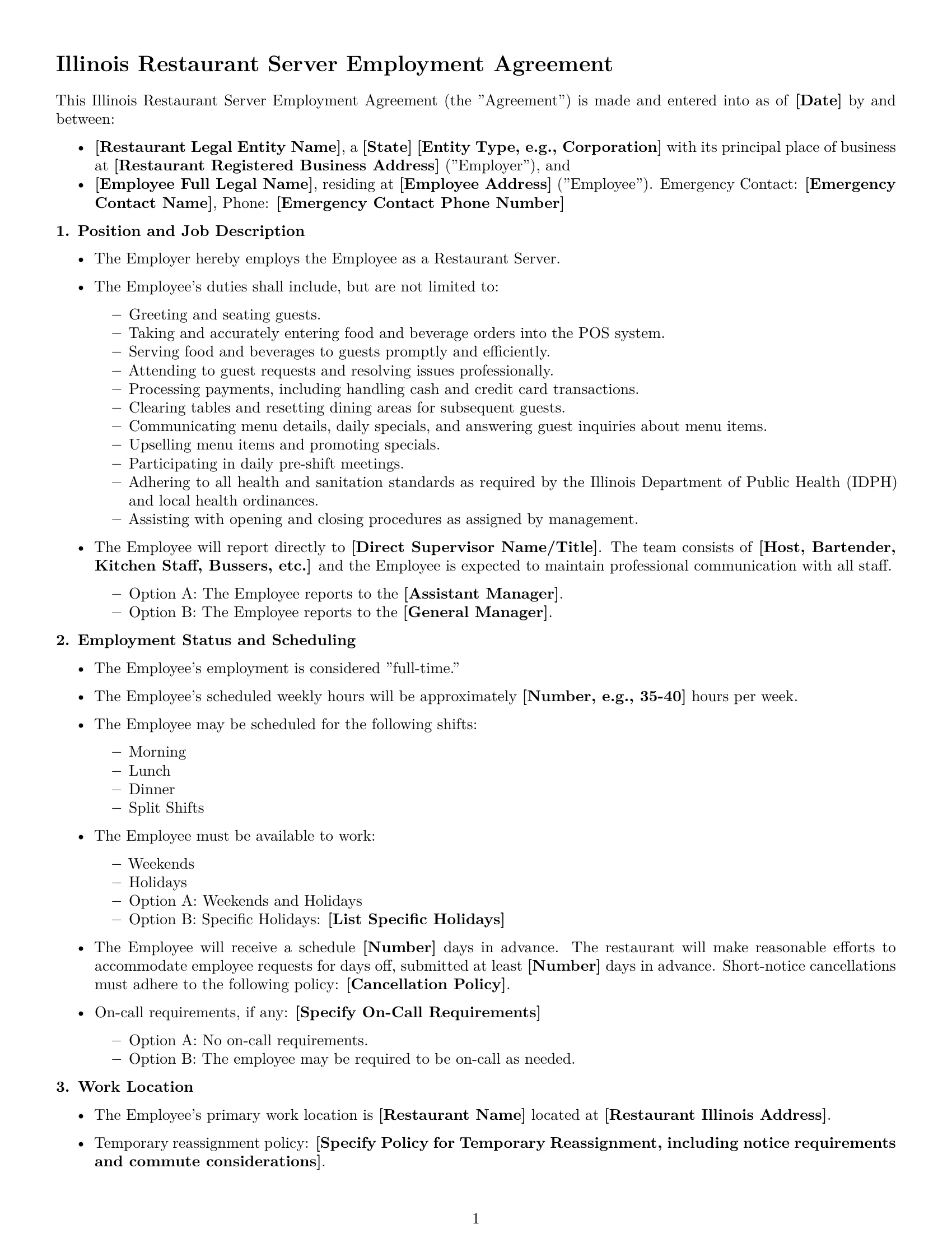Preview page 1 of Free Illinois restaurant server employment contract template