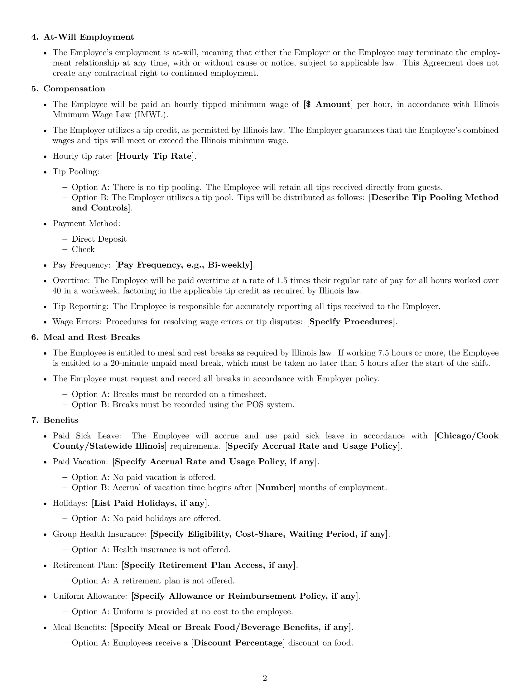 Preview page 2 of Free Illinois restaurant server employment contract template