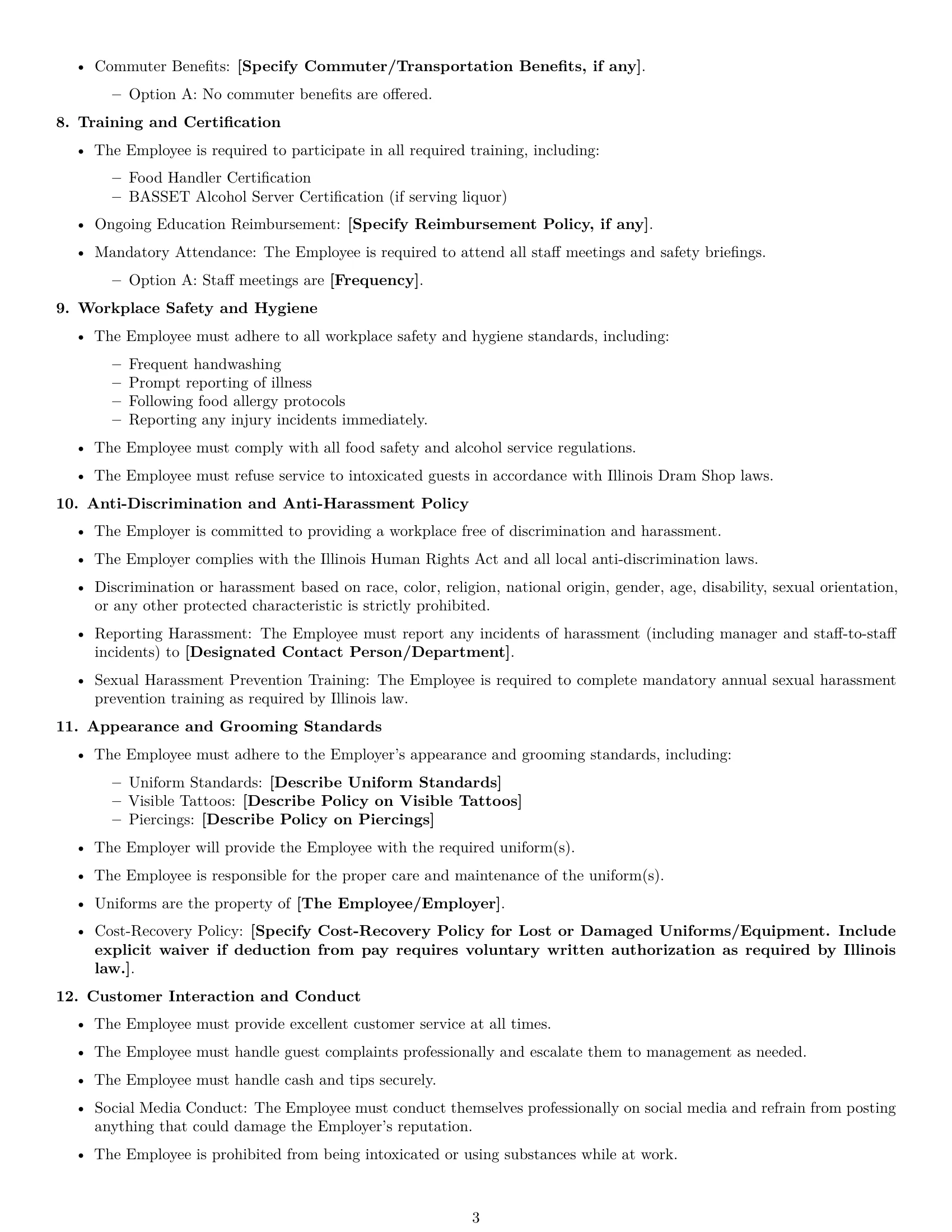 Preview page 3 of Free Illinois restaurant server employment contract template