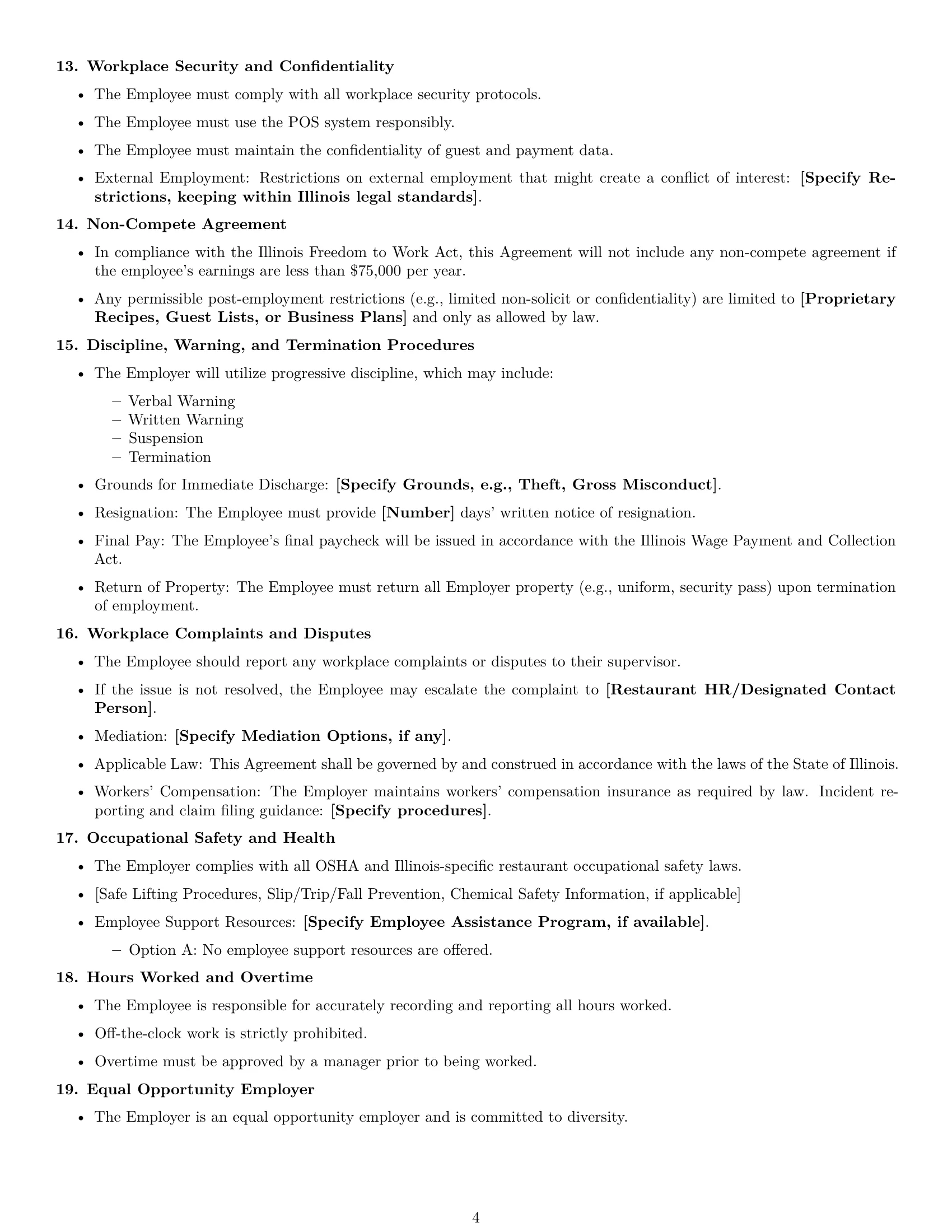 Preview page 4 of Free Illinois restaurant server employment contract template