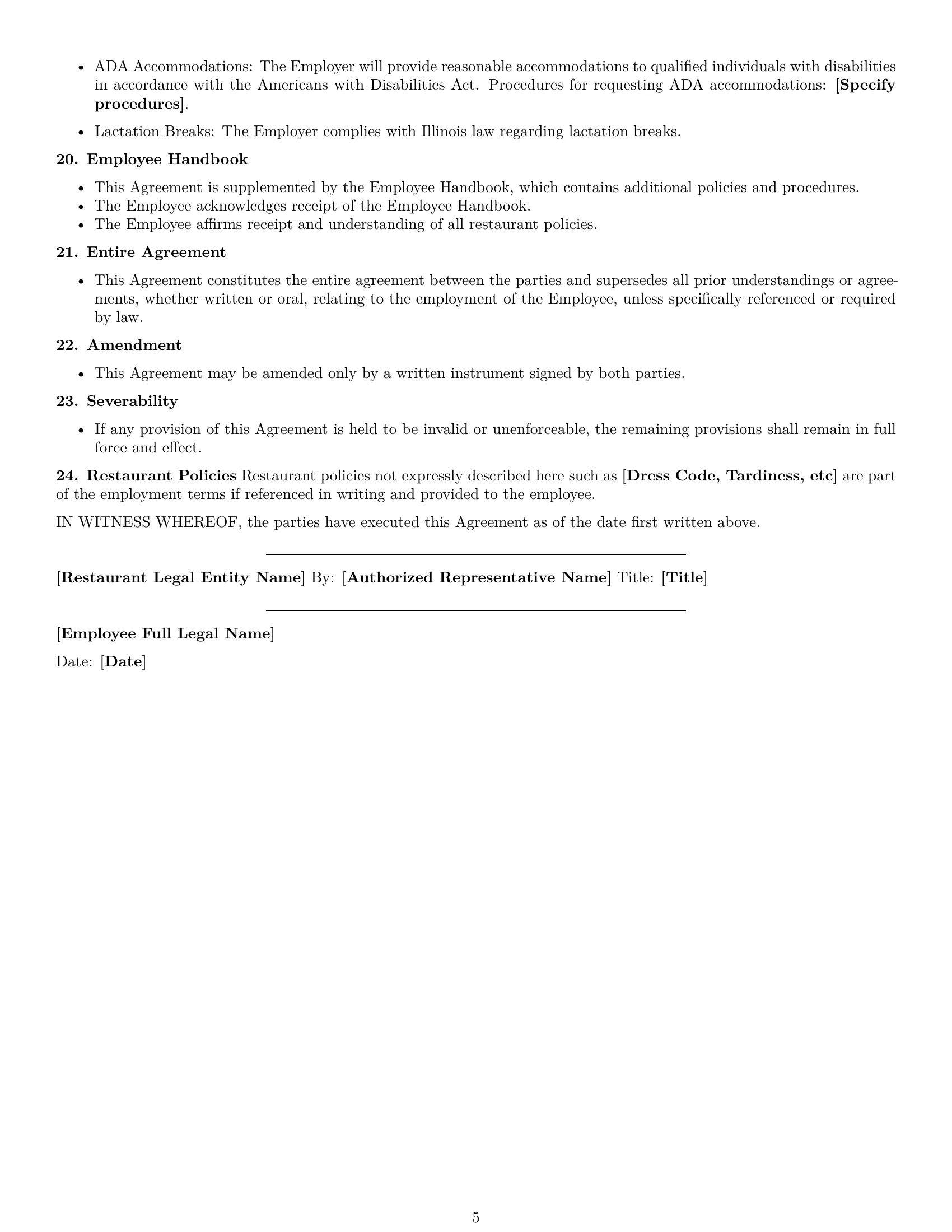 Preview page 5 of Free Illinois restaurant server employment contract template