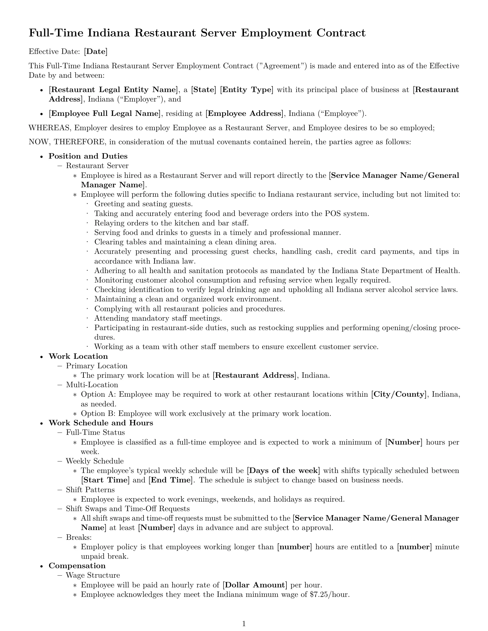 Preview page 1 of Free Indiana restaurant server employment contract template