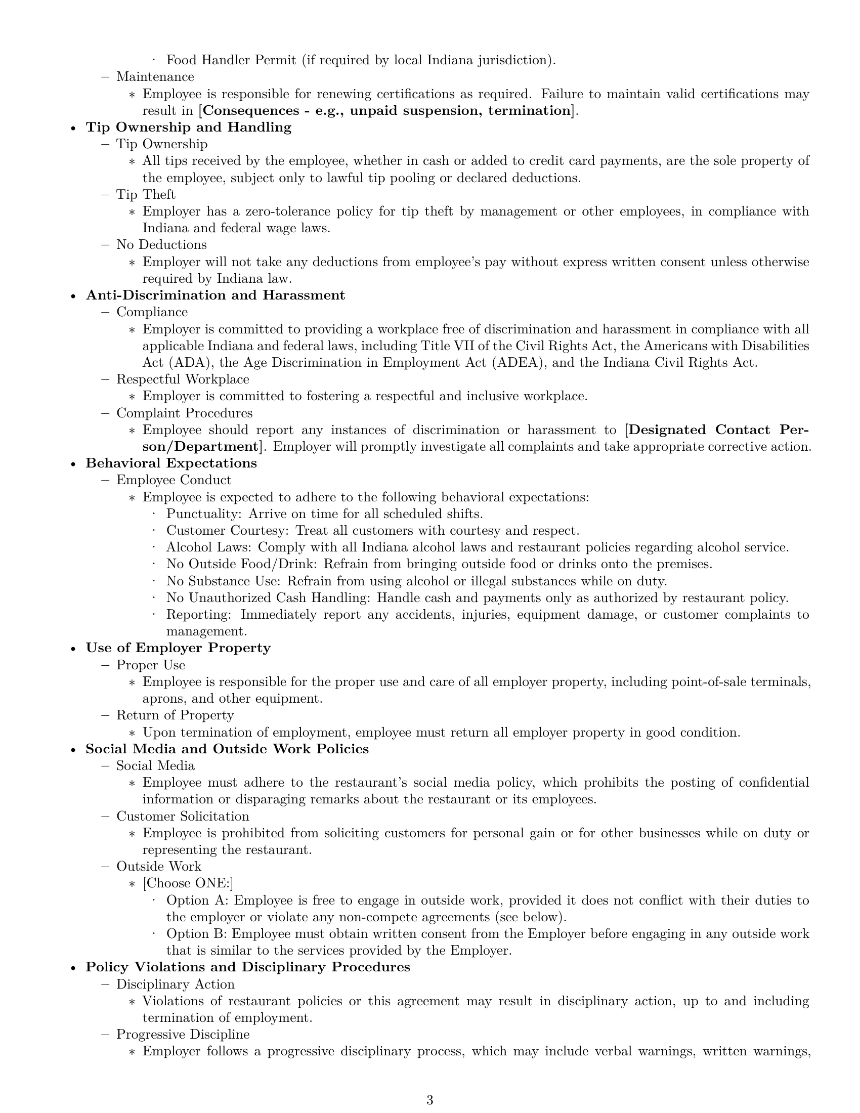 Preview page 3 of Free Indiana restaurant server employment contract template