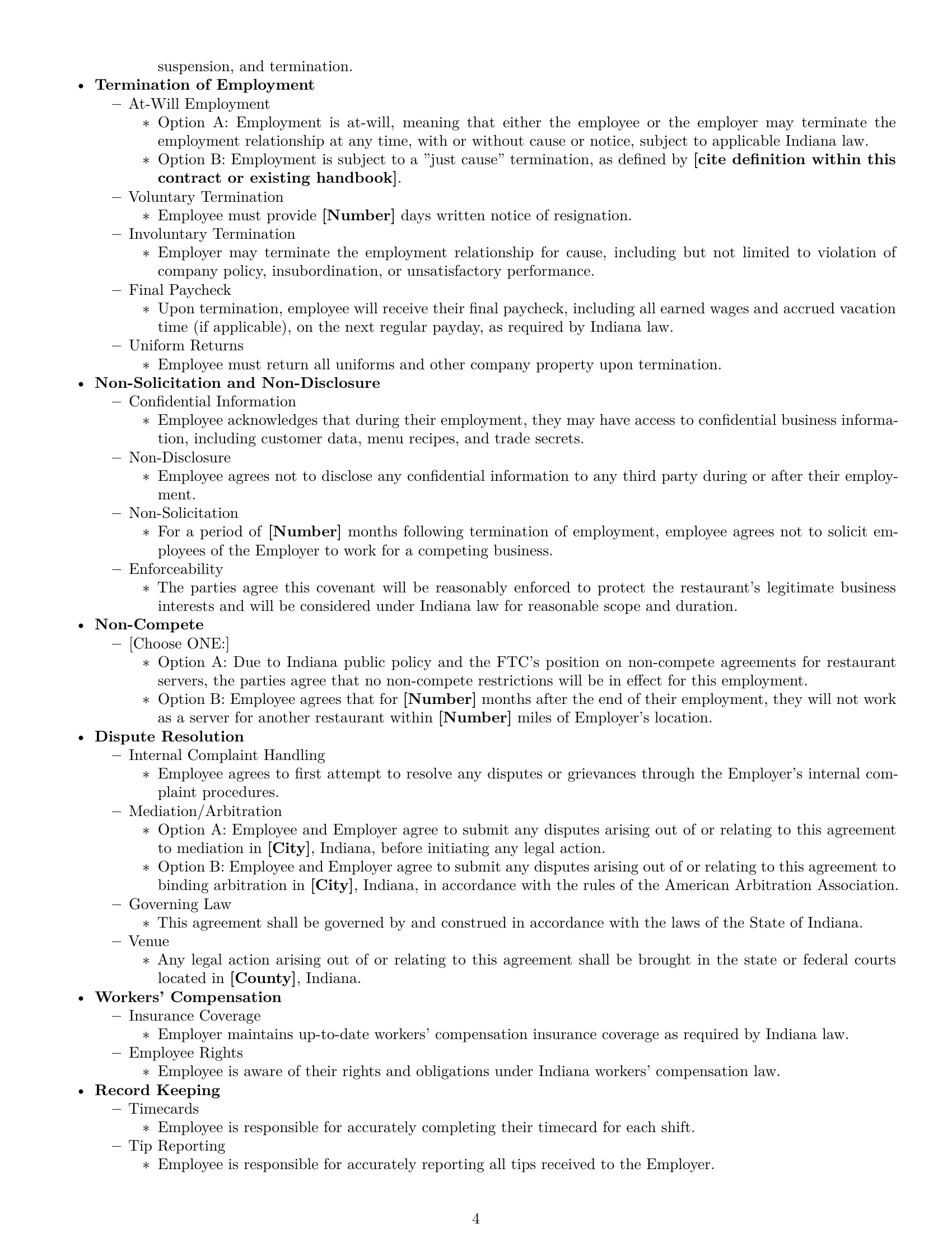 Preview page 4 of Free Indiana restaurant server employment contract template