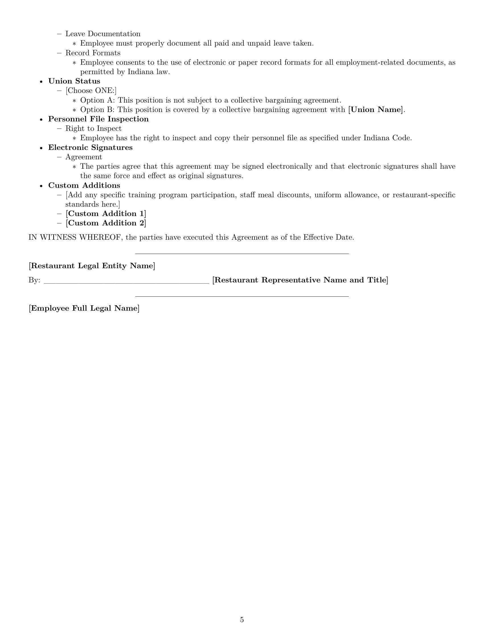 Preview page 5 of Free Indiana restaurant server employment contract template