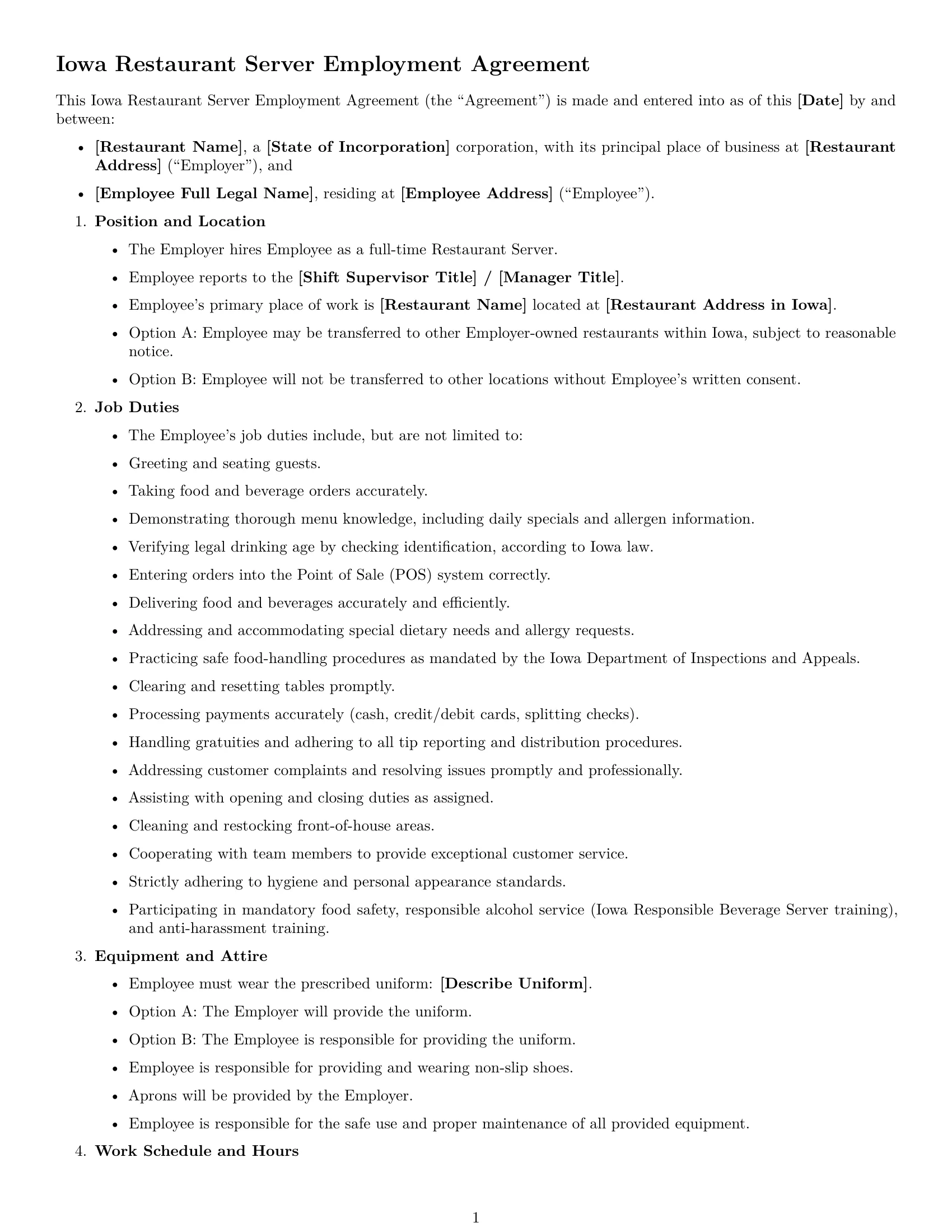 Preview page 1 of Free Iowa restaurant server employment contract template