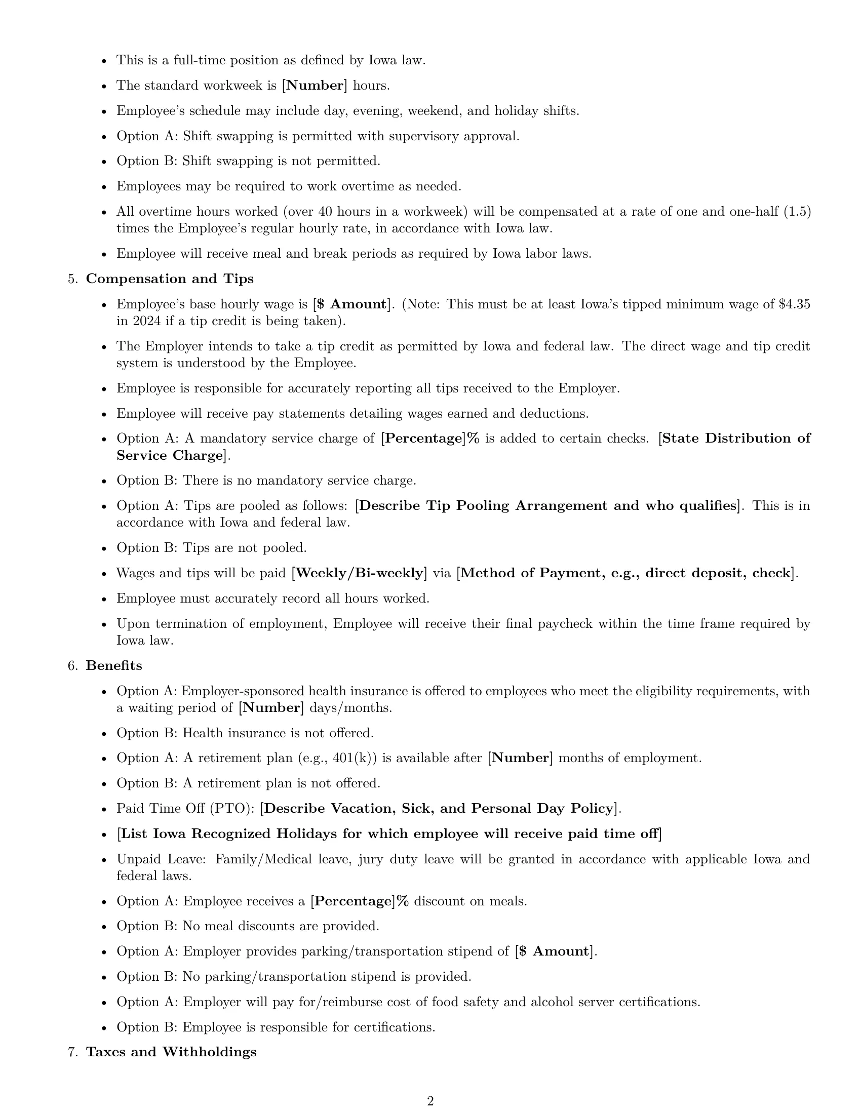 Preview page 2 of Free Iowa restaurant server employment contract template