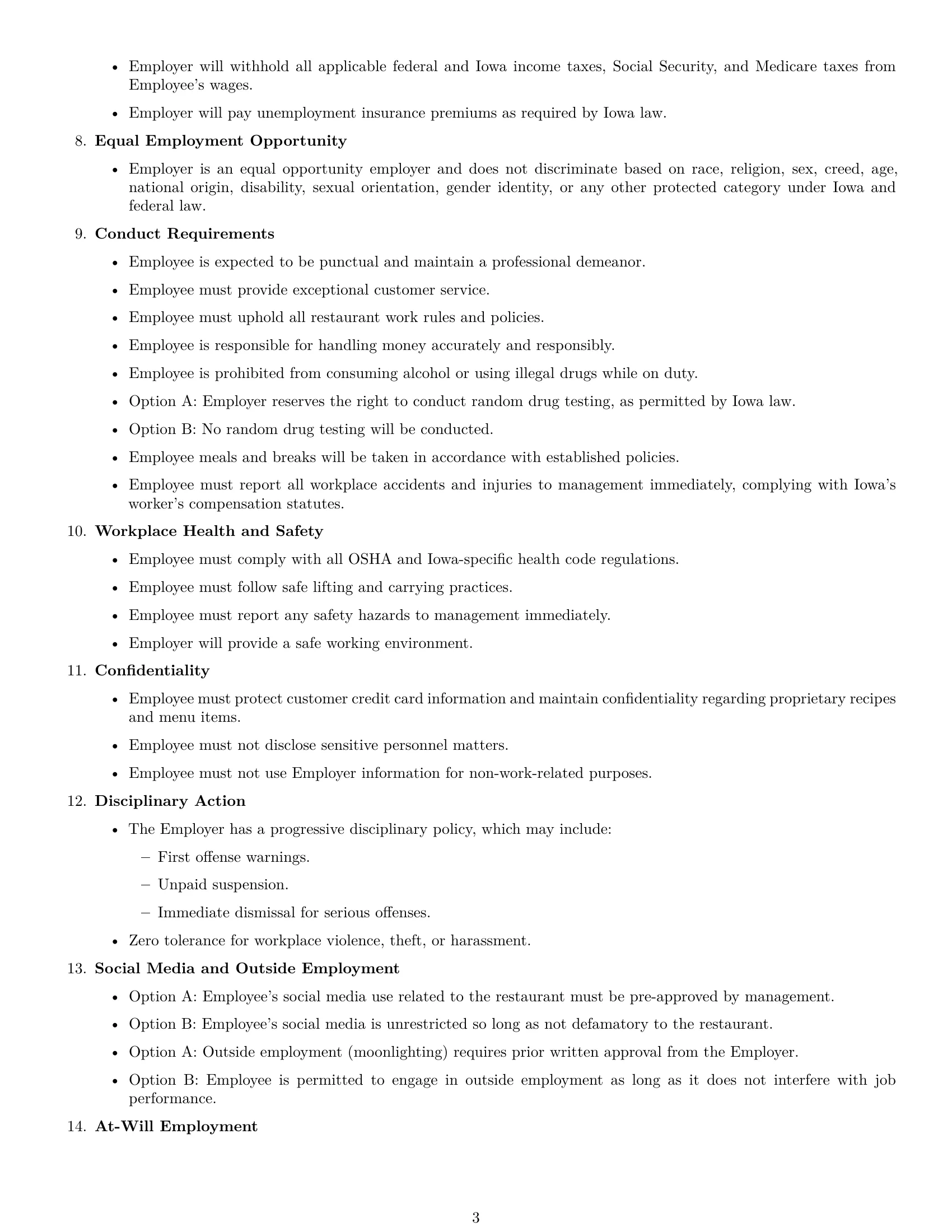 Preview page 3 of Free Iowa restaurant server employment contract template