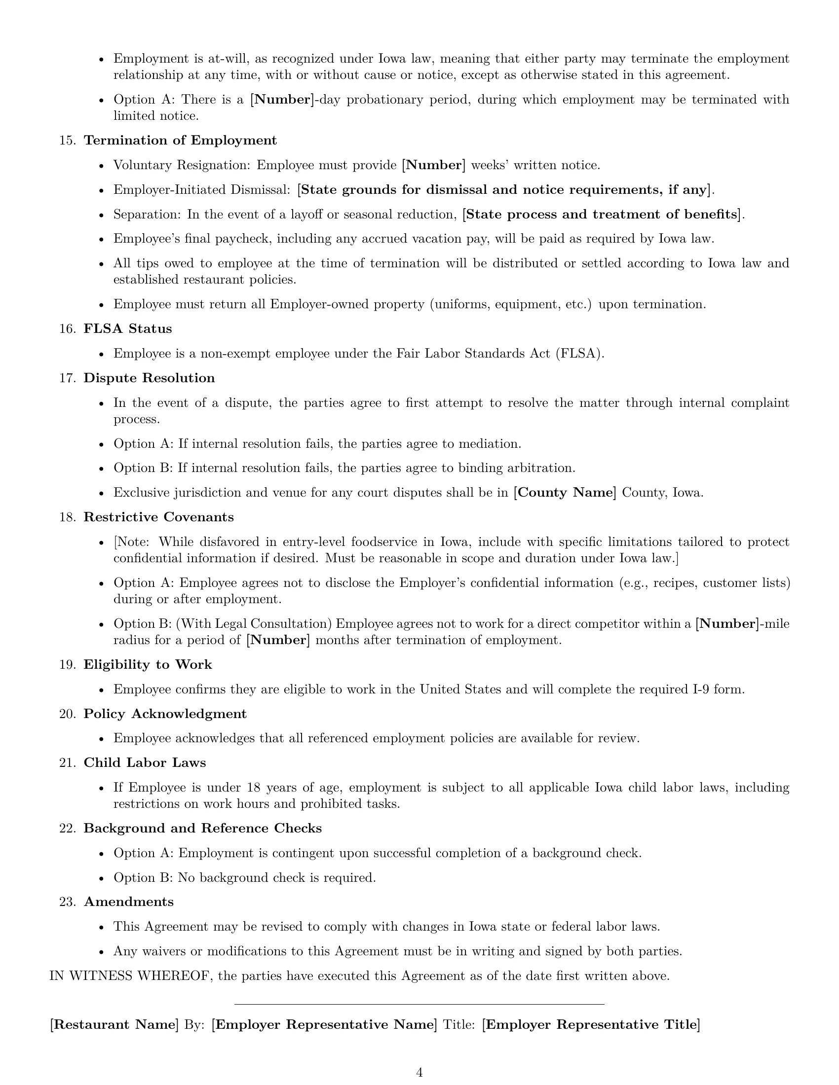 Preview page 4 of Free Iowa restaurant server employment contract template