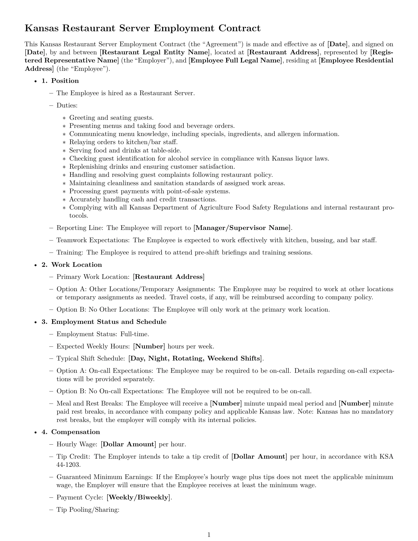 Preview page 1 of Free Kansas restaurant server employment contract template