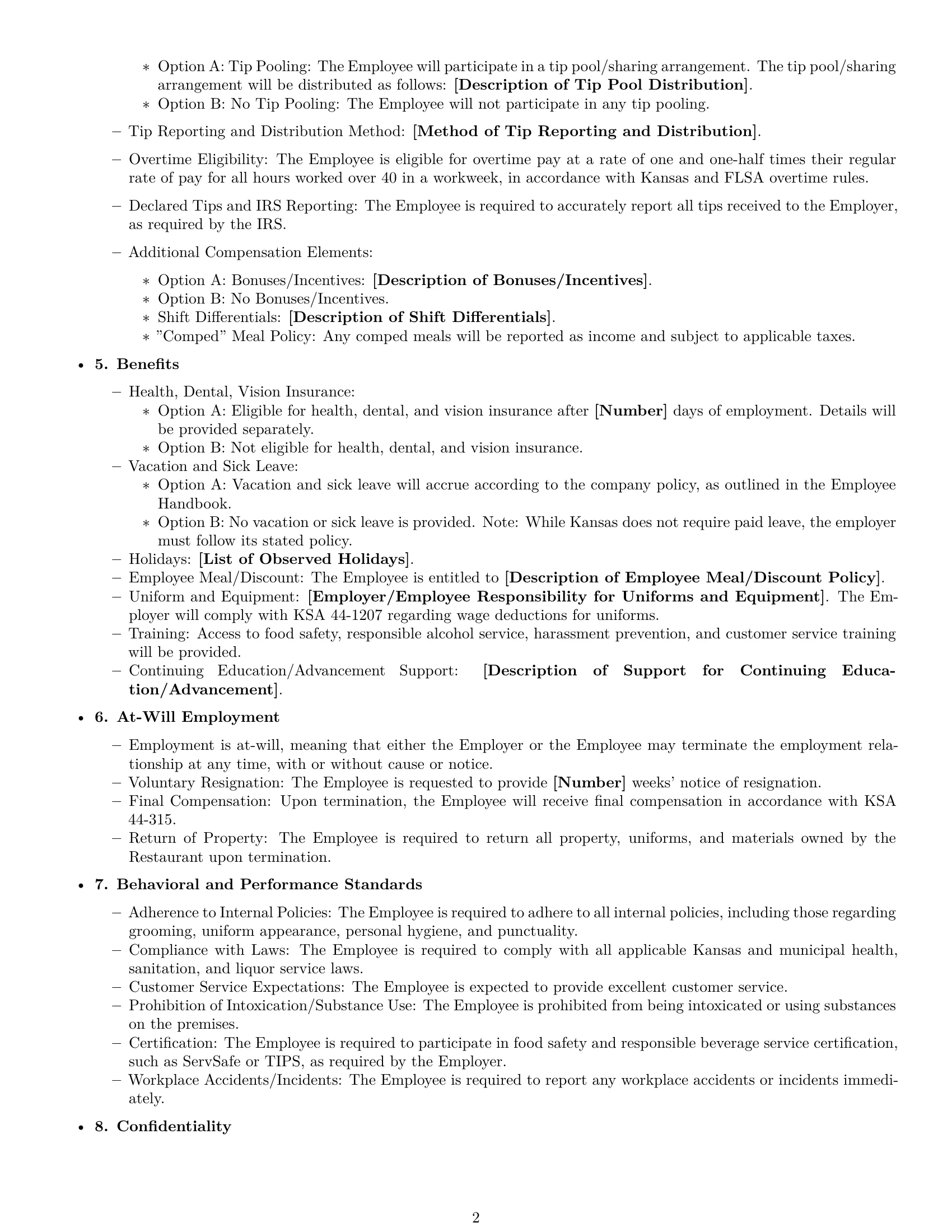 Preview page 2 of Free Kansas restaurant server employment contract template