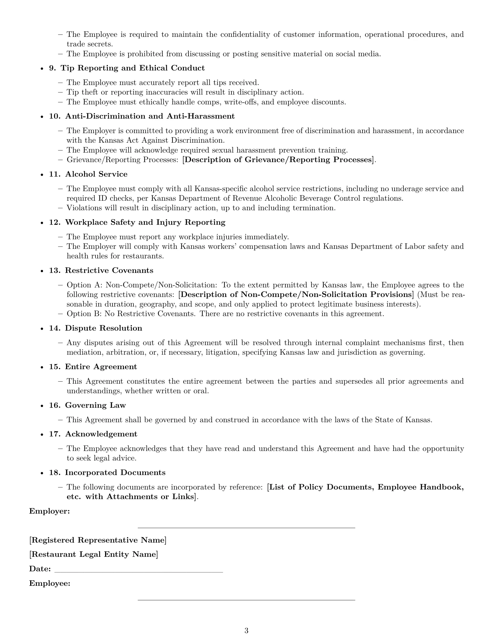 Preview page 3 of Free Kansas restaurant server employment contract template