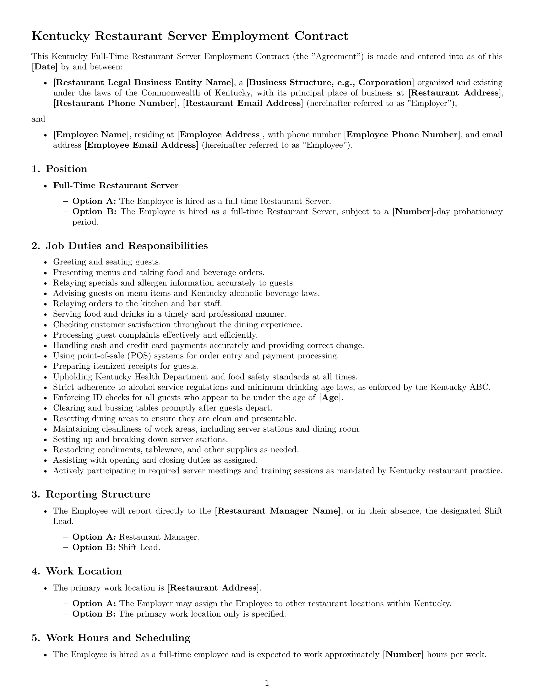 Preview page 1 of Free Kentucky restaurant server employment contract template