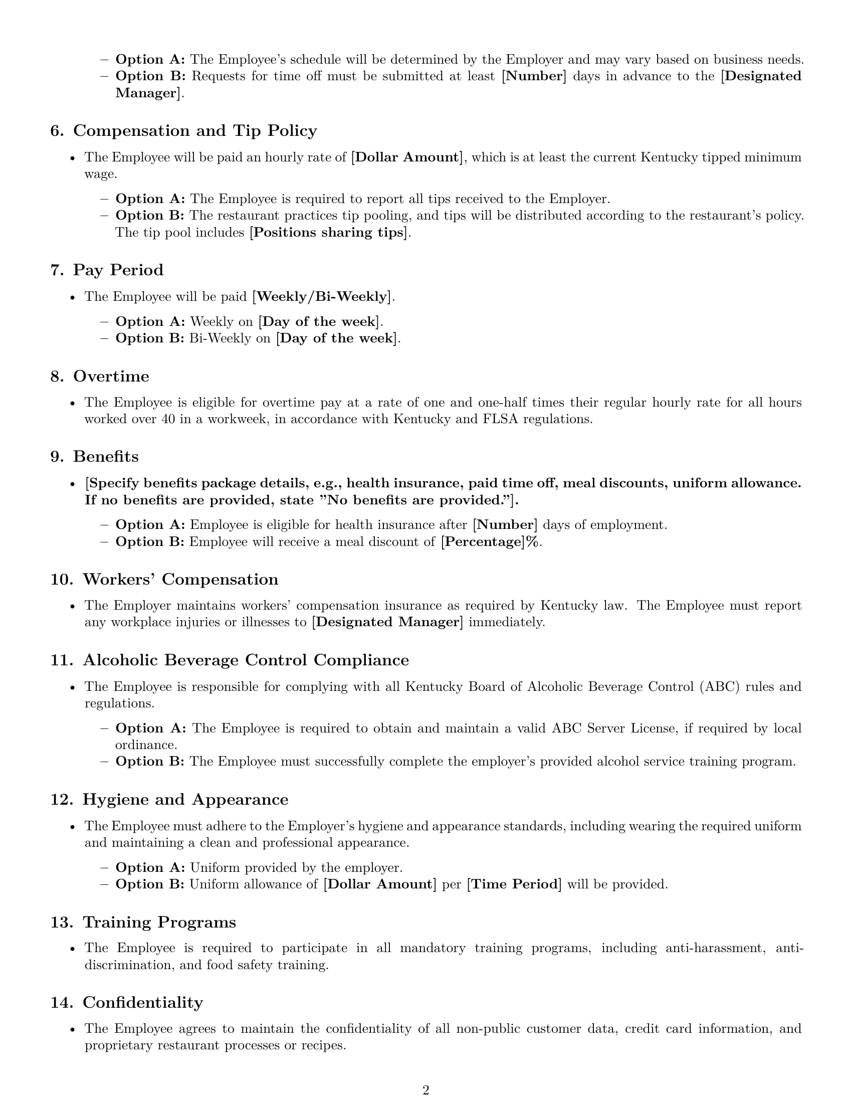 Preview page 2 of Free Kentucky restaurant server employment contract template