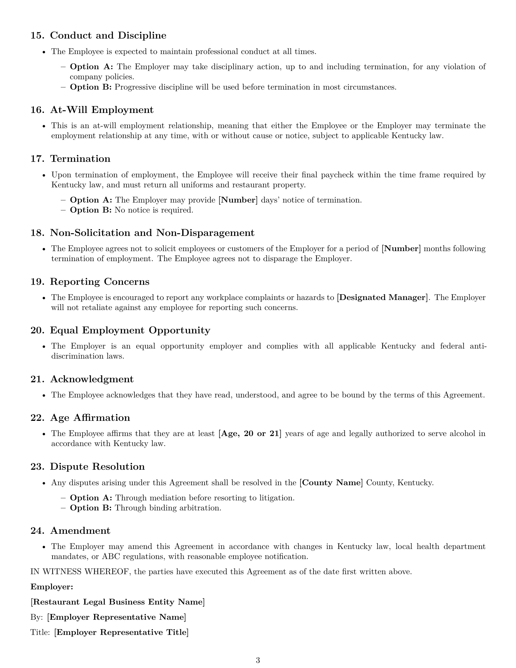Preview page 3 of Free Kentucky restaurant server employment contract template