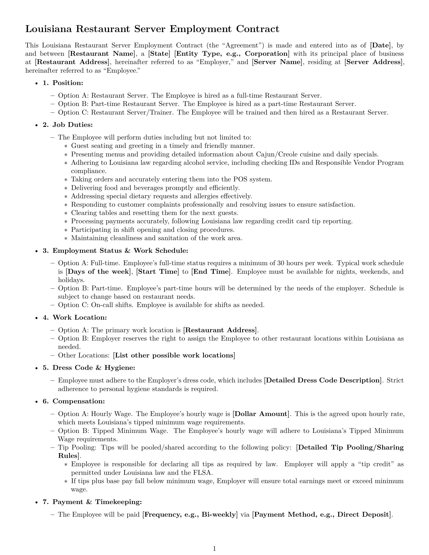 Preview page 1 of Free Louisiana restaurant server employment contract template