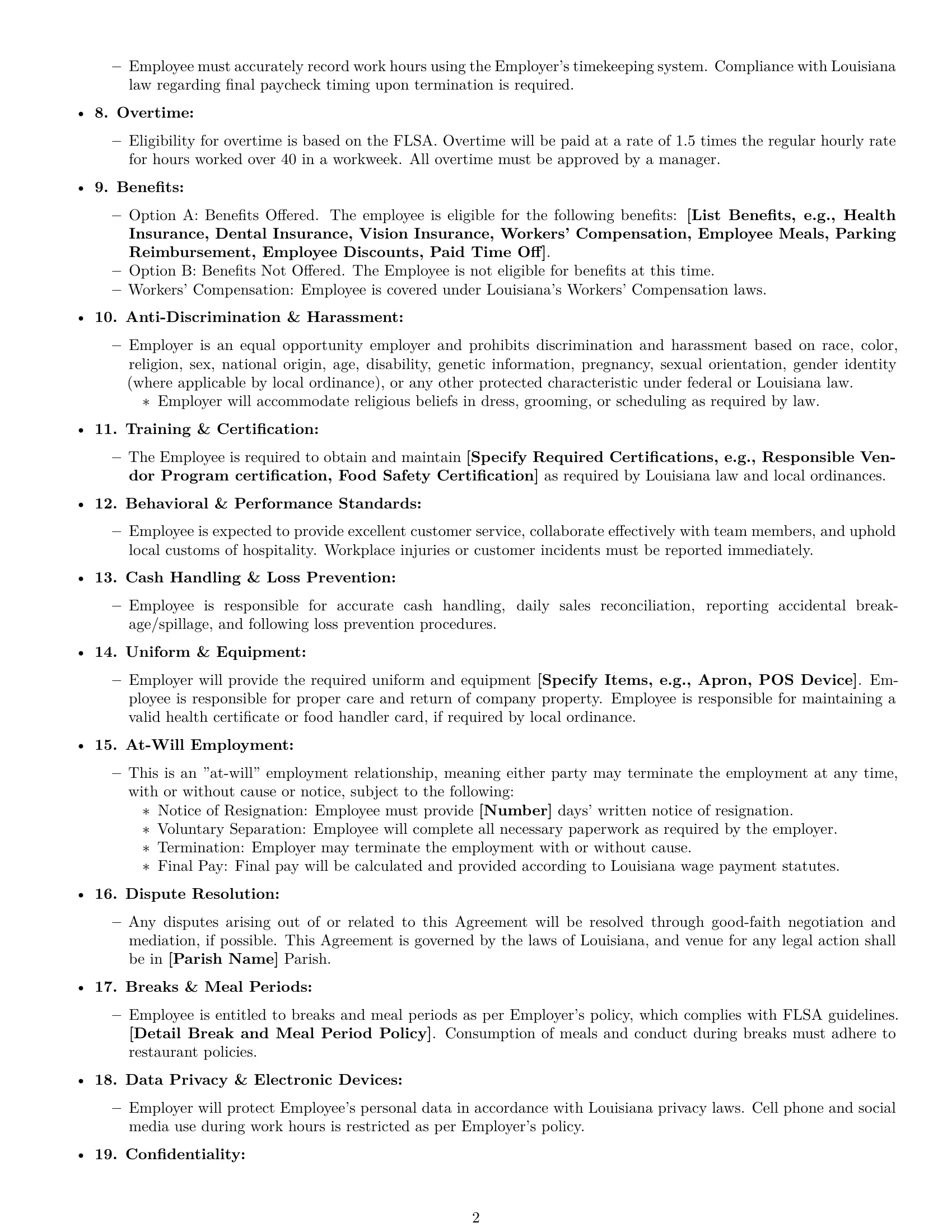 Preview page 2 of Free Louisiana restaurant server employment contract template