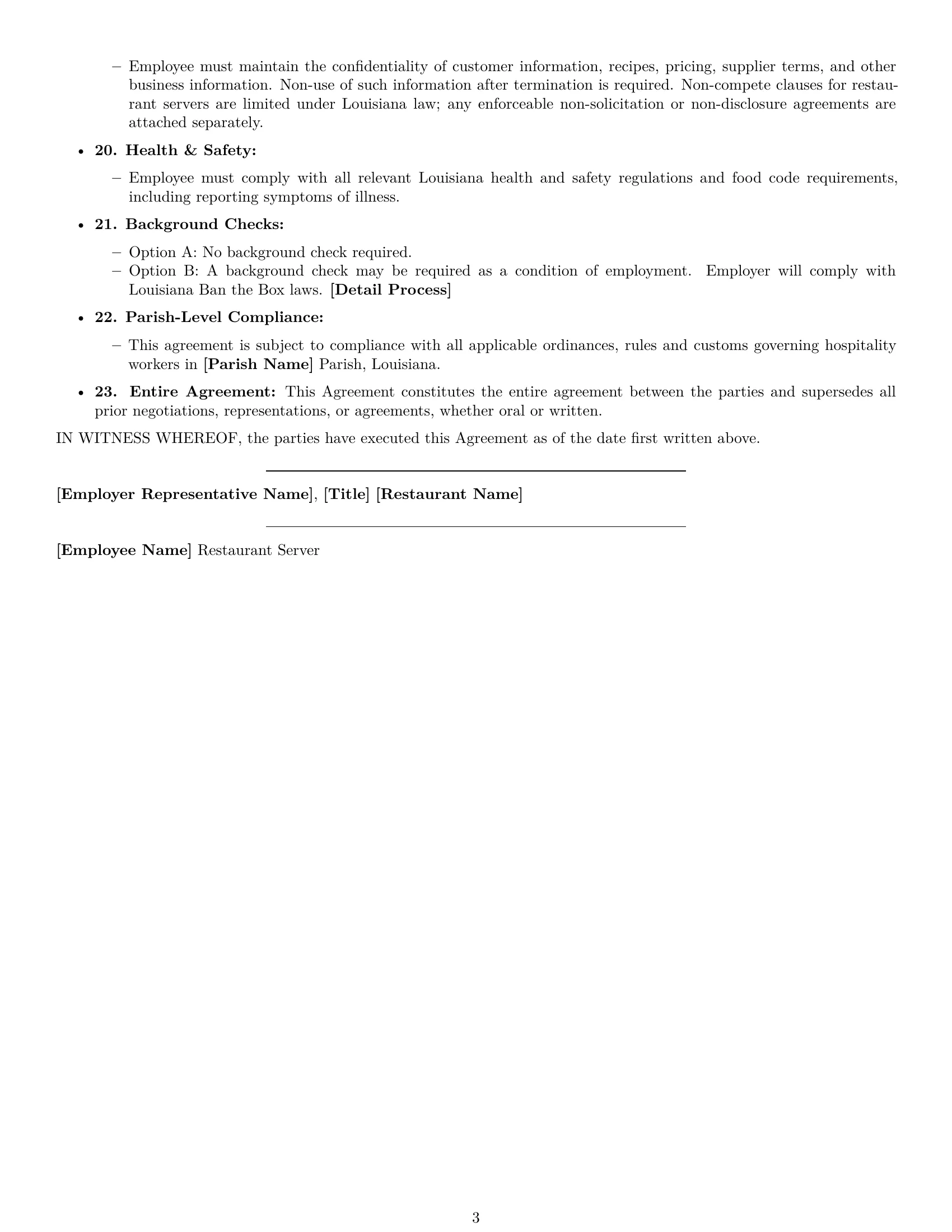 Preview page 3 of Free Louisiana restaurant server employment contract template