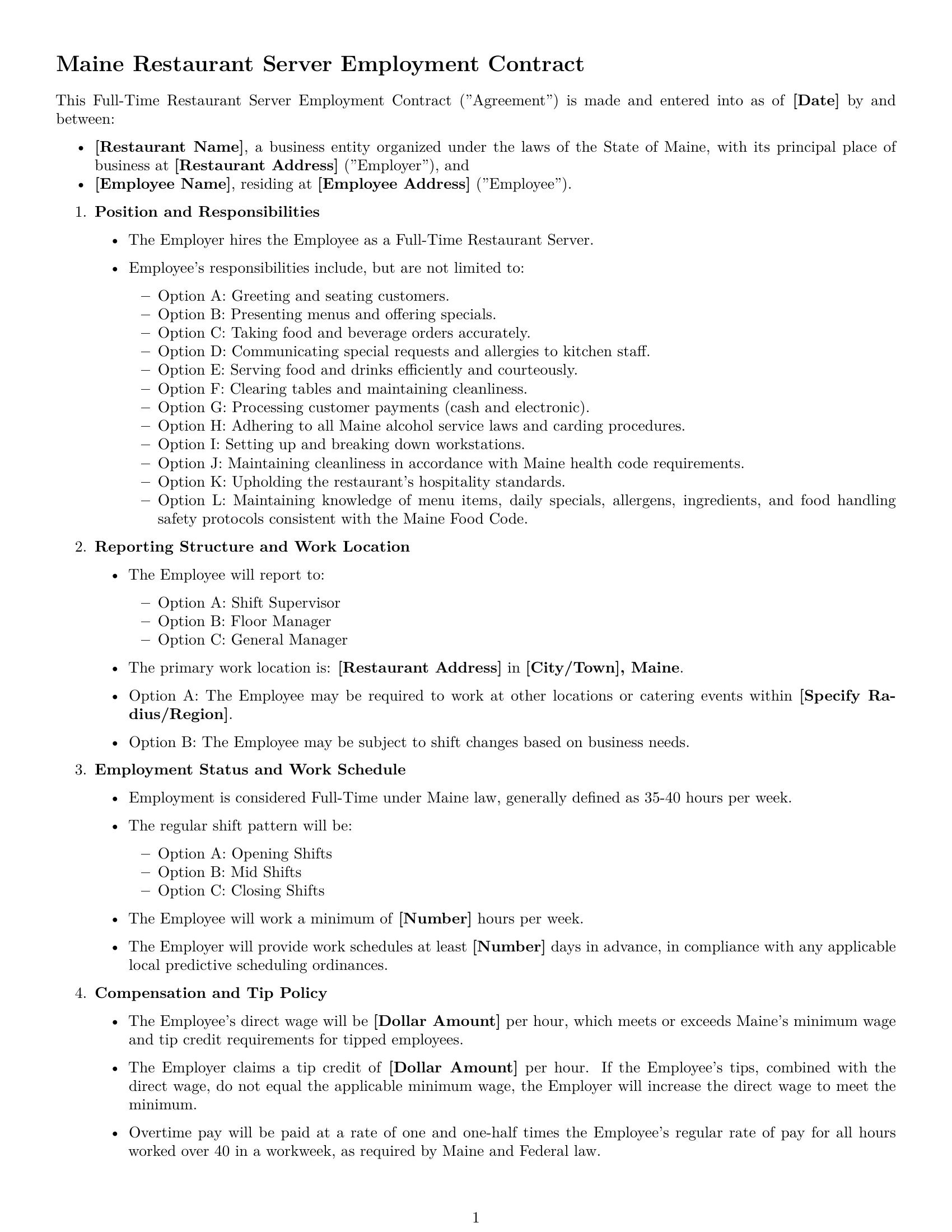 Preview page 1 of Free Maine restaurant server employment contract template