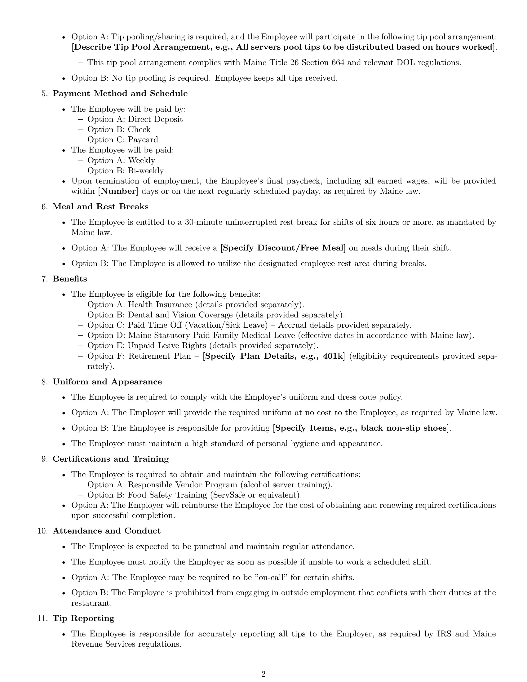 Preview page 2 of Free Maine restaurant server employment contract template