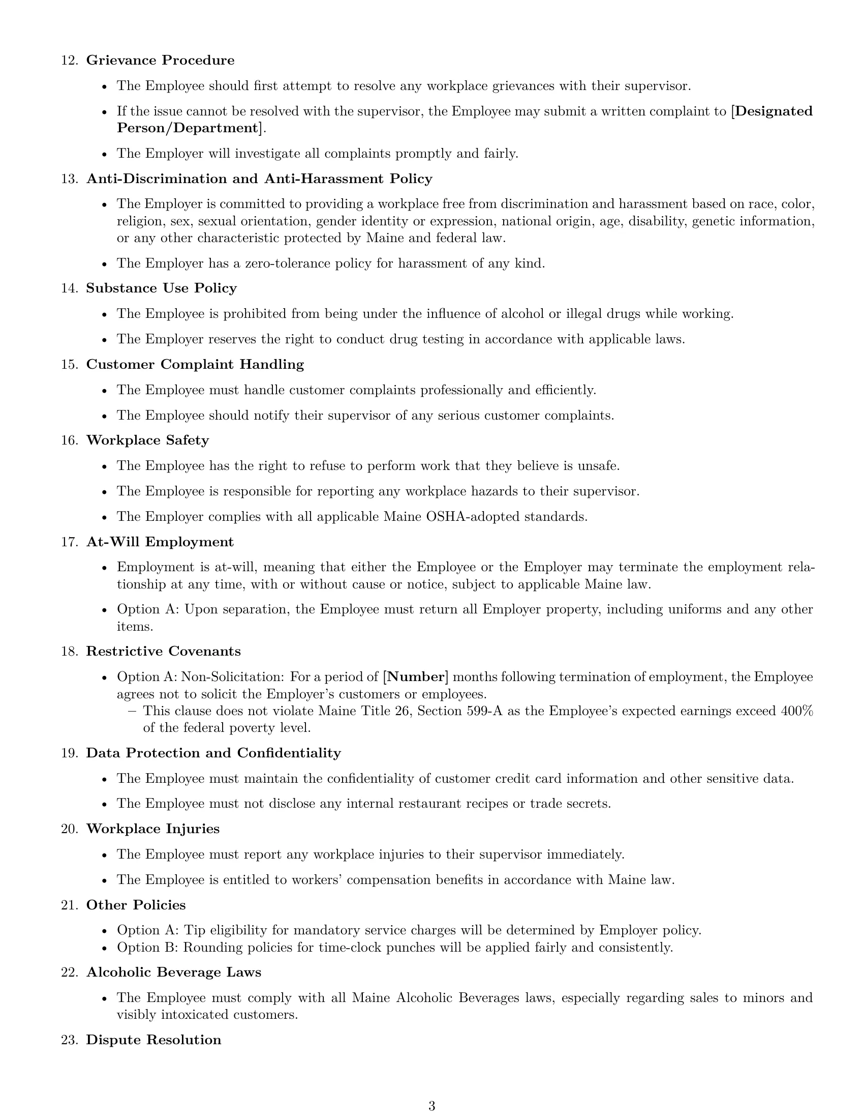Preview page 3 of Free Maine restaurant server employment contract template