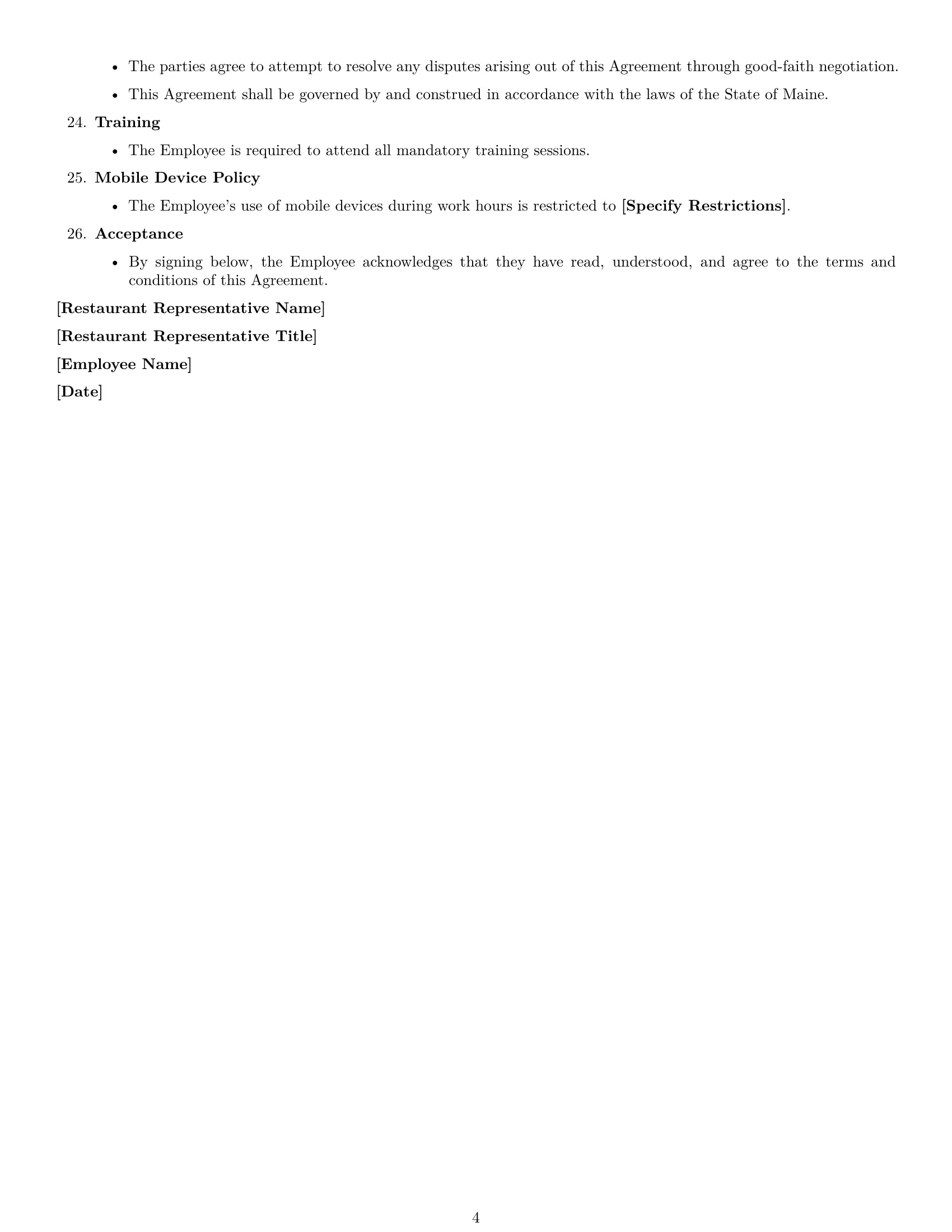 Preview page 4 of Free Maine restaurant server employment contract template