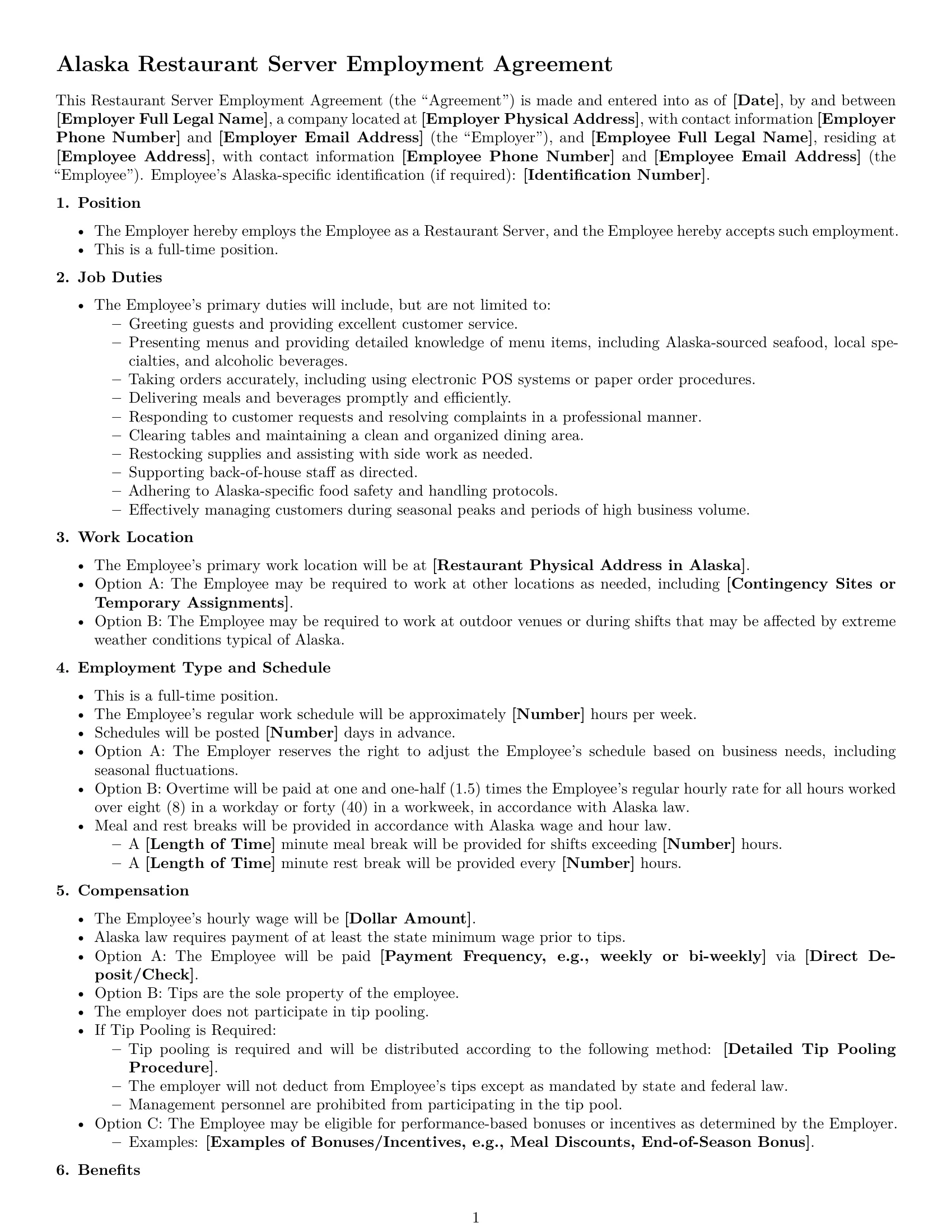 Preview page 1 of Free Alaska restaurant server employment contract template