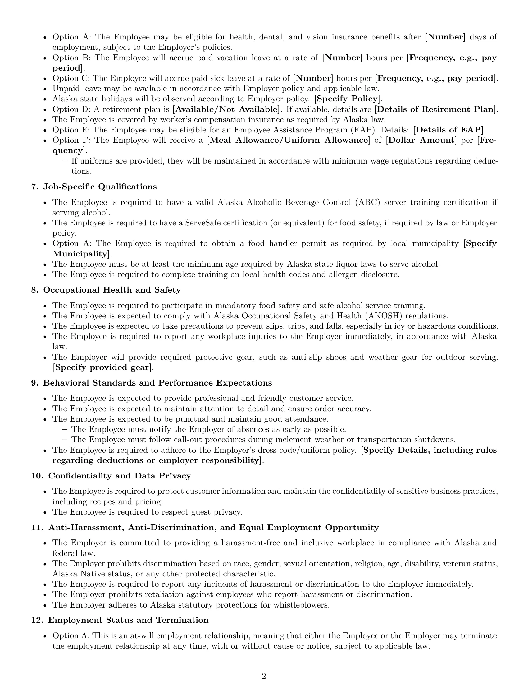 Preview page 2 of Free Alaska restaurant server employment contract template
