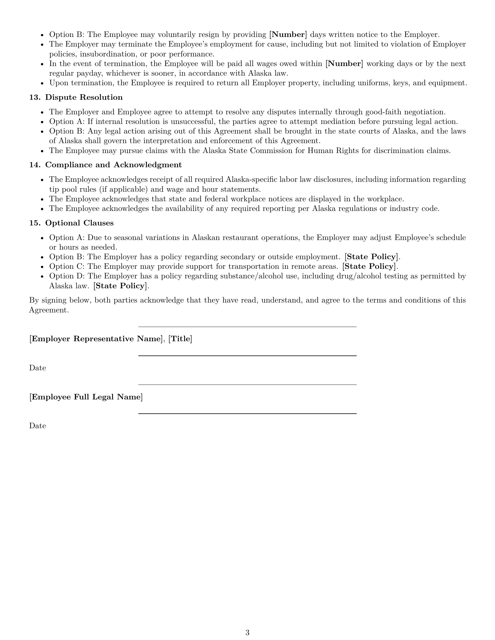 Preview page 3 of Free Alaska restaurant server employment contract template