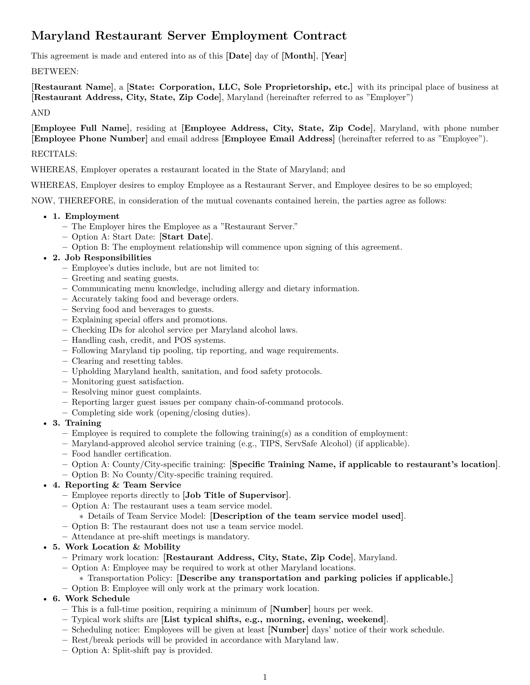 Preview page 1 of Free Maryland restaurant server employment contract template