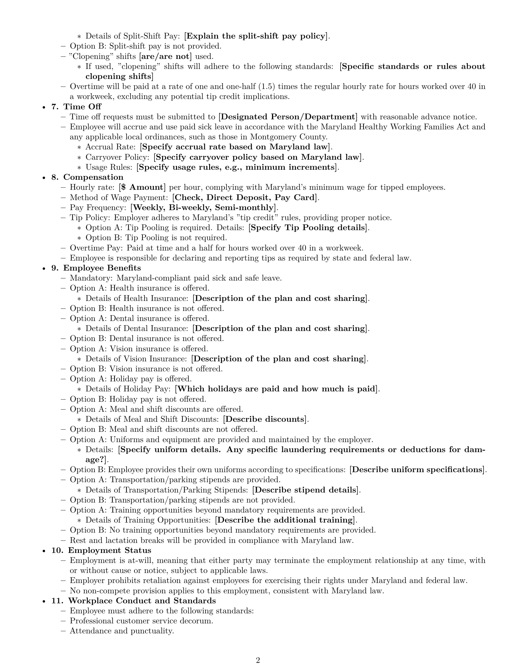 Preview page 2 of Free Maryland restaurant server employment contract template