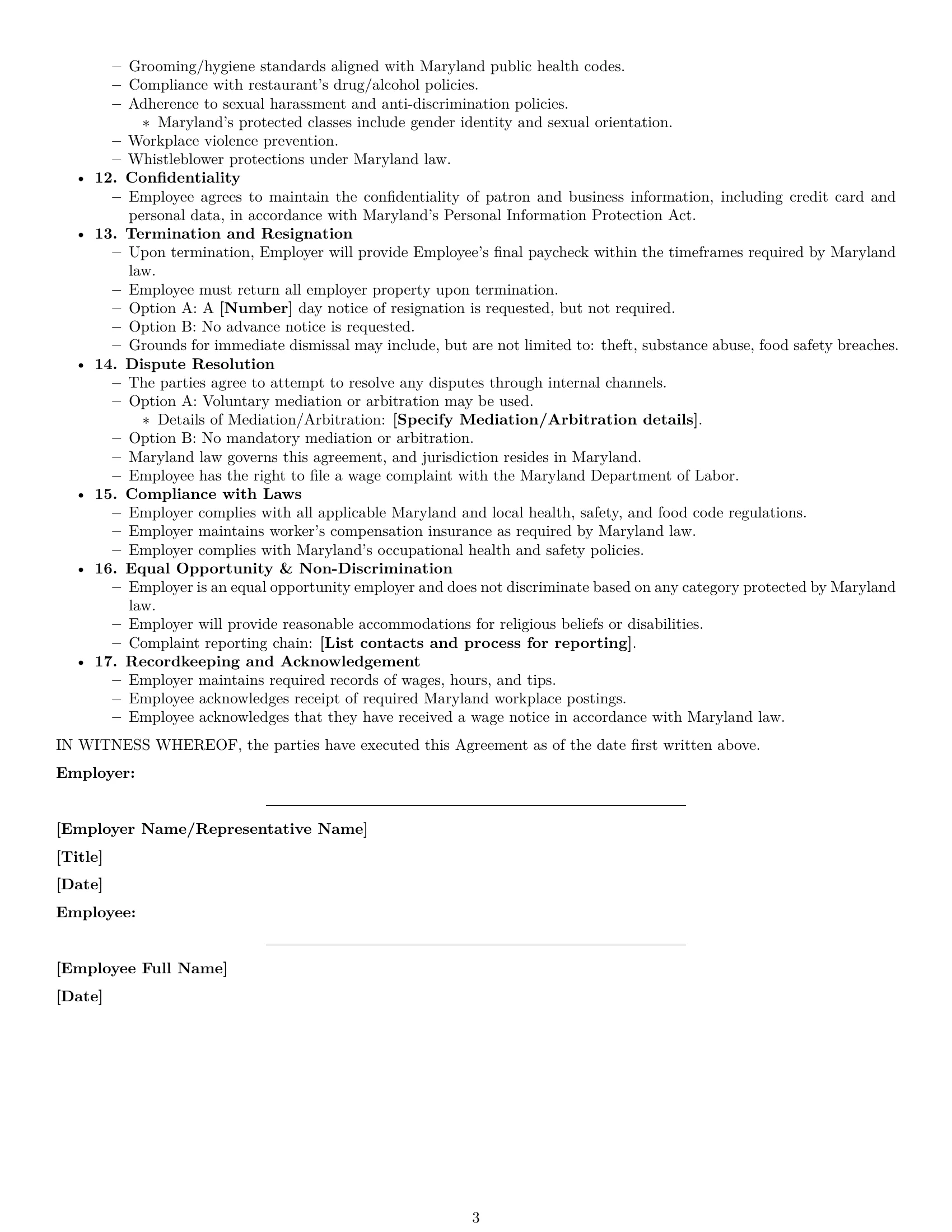 Preview page 3 of Free Maryland restaurant server employment contract template