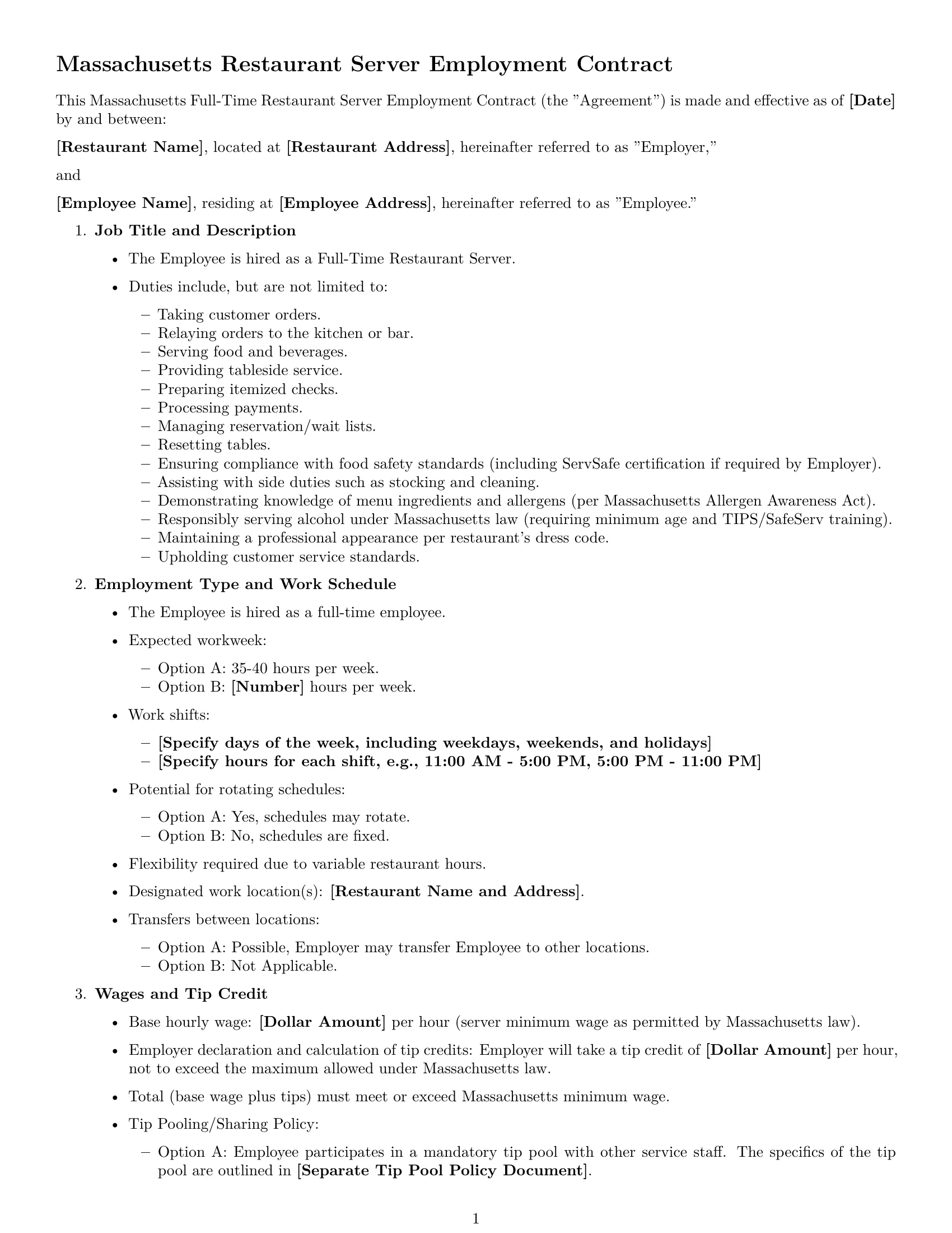 Preview page 1 of Free Massachusetts restaurant server employment contract template
