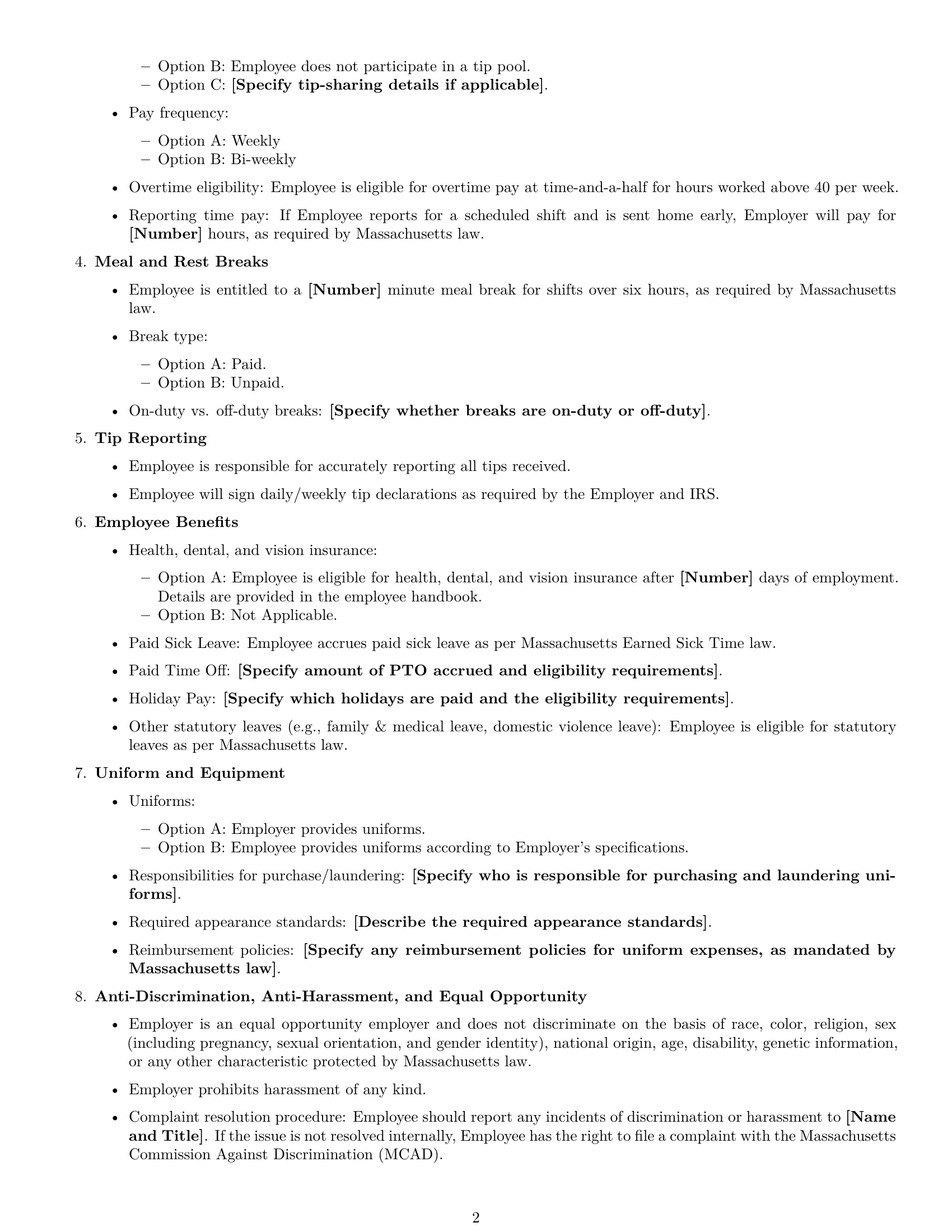 Preview page 2 of Free Massachusetts restaurant server employment contract template
