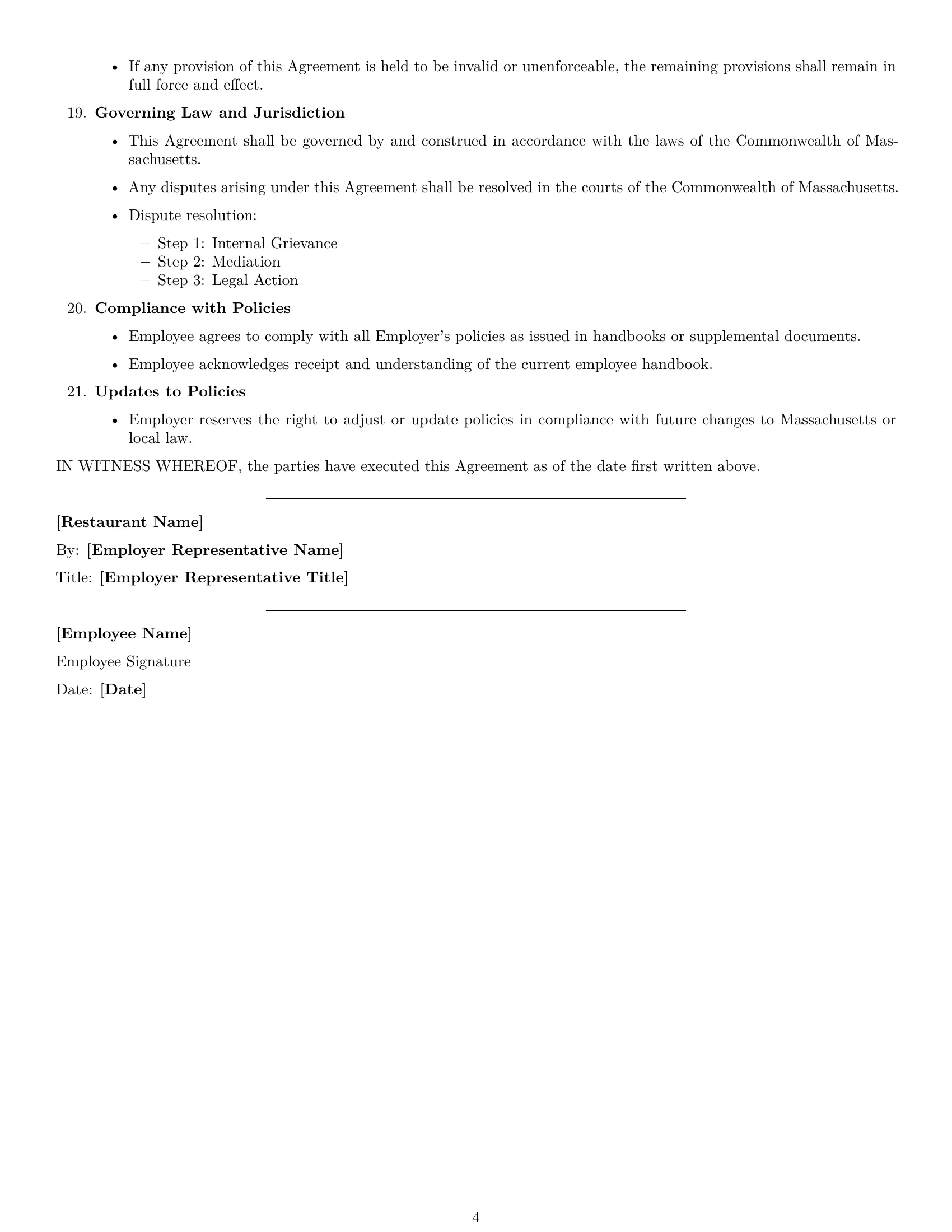 Preview page 4 of Free Massachusetts restaurant server employment contract template