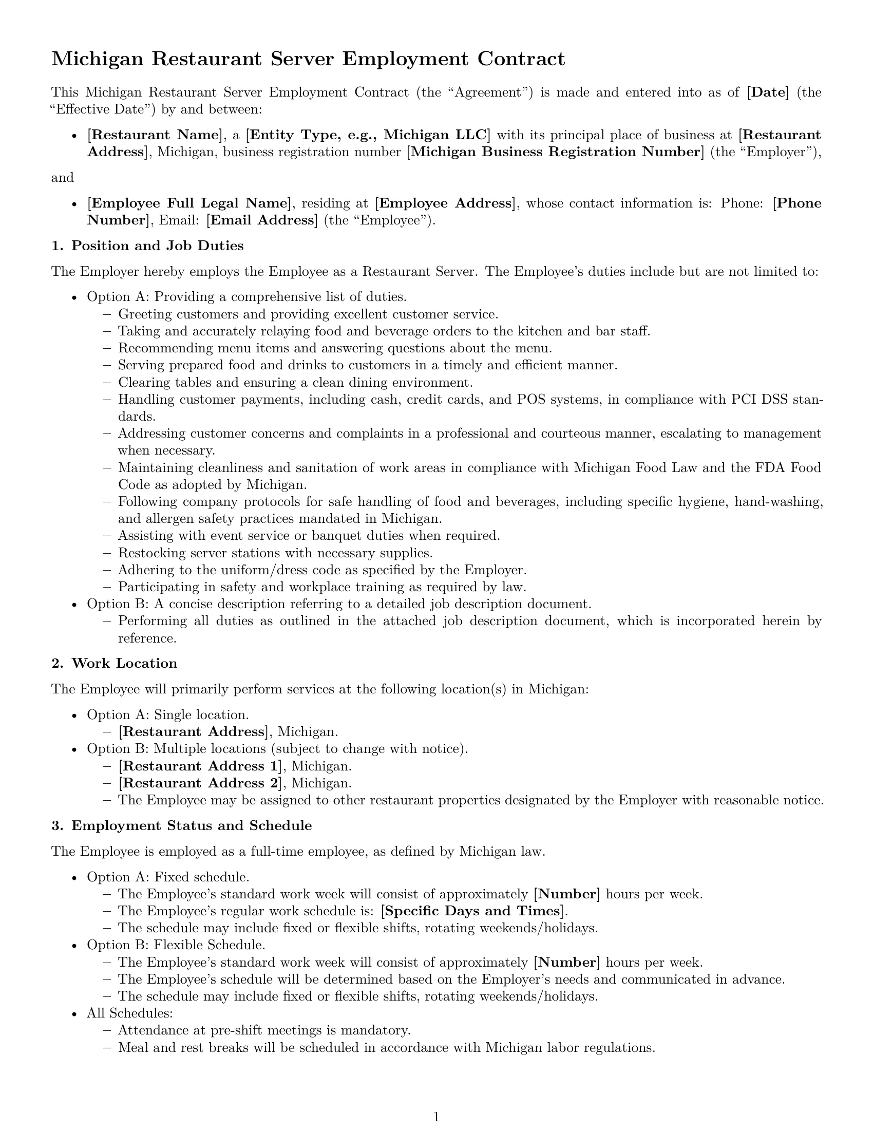 Preview page 1 of Free Michigan restaurant server employment contract template