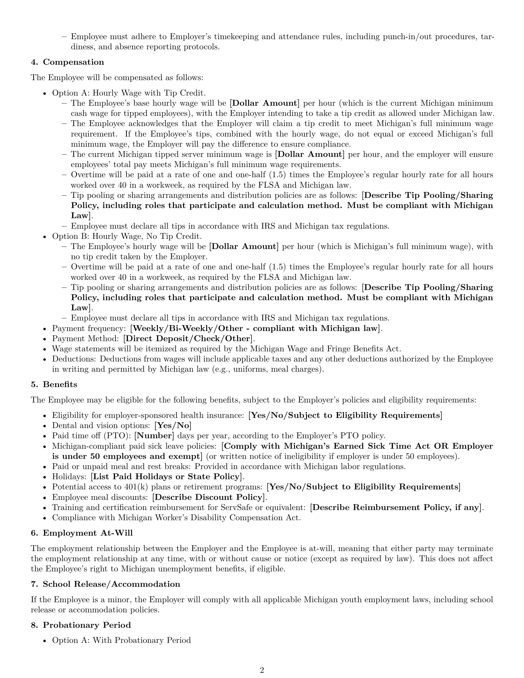 Preview page 2 of Free Michigan restaurant server employment contract template