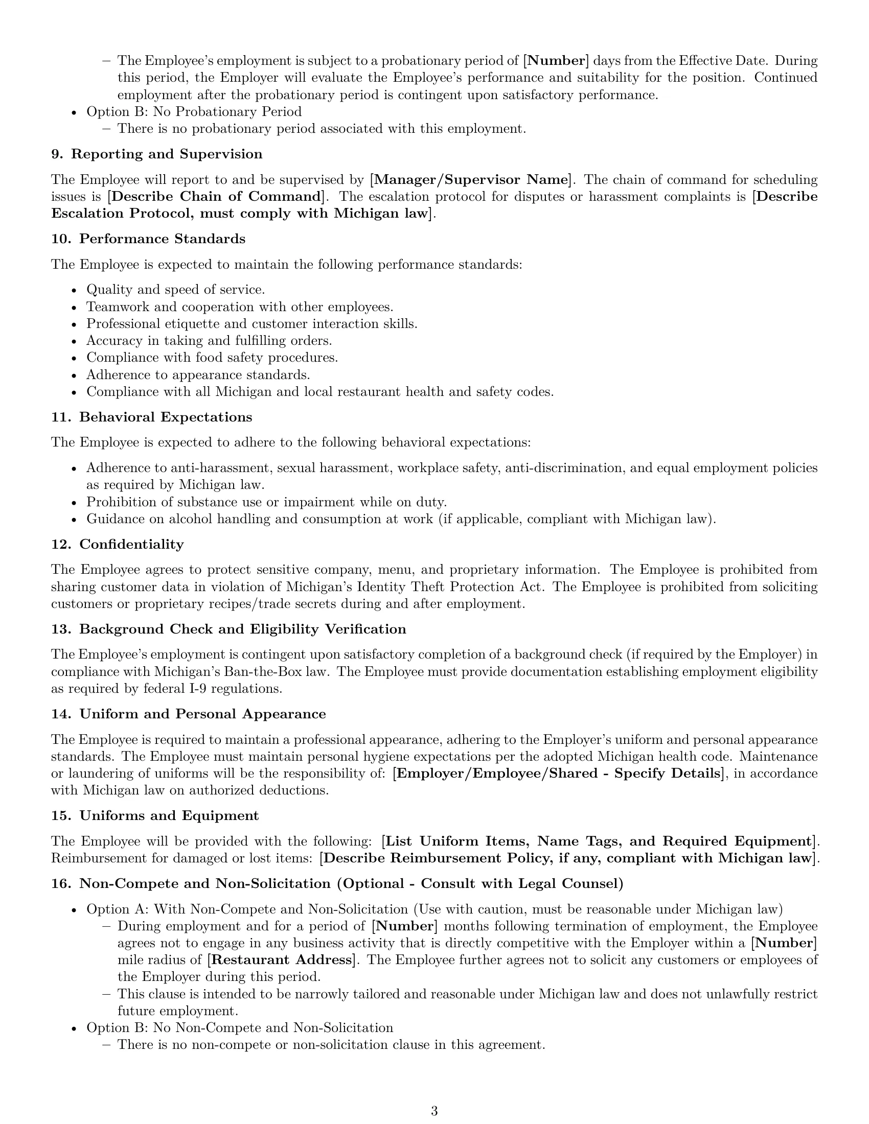 Preview page 3 of Free Michigan restaurant server employment contract template