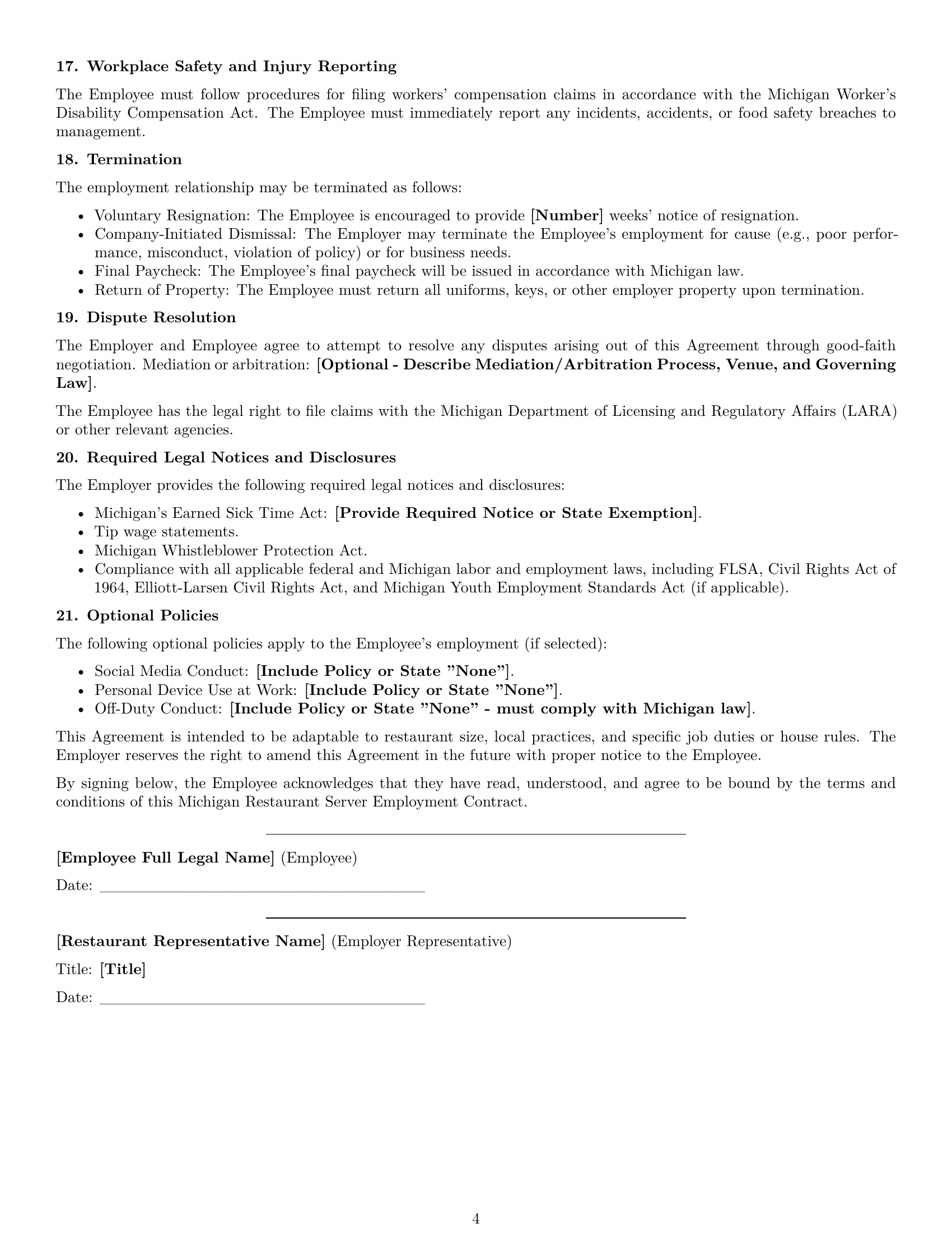 Preview page 4 of Free Michigan restaurant server employment contract template