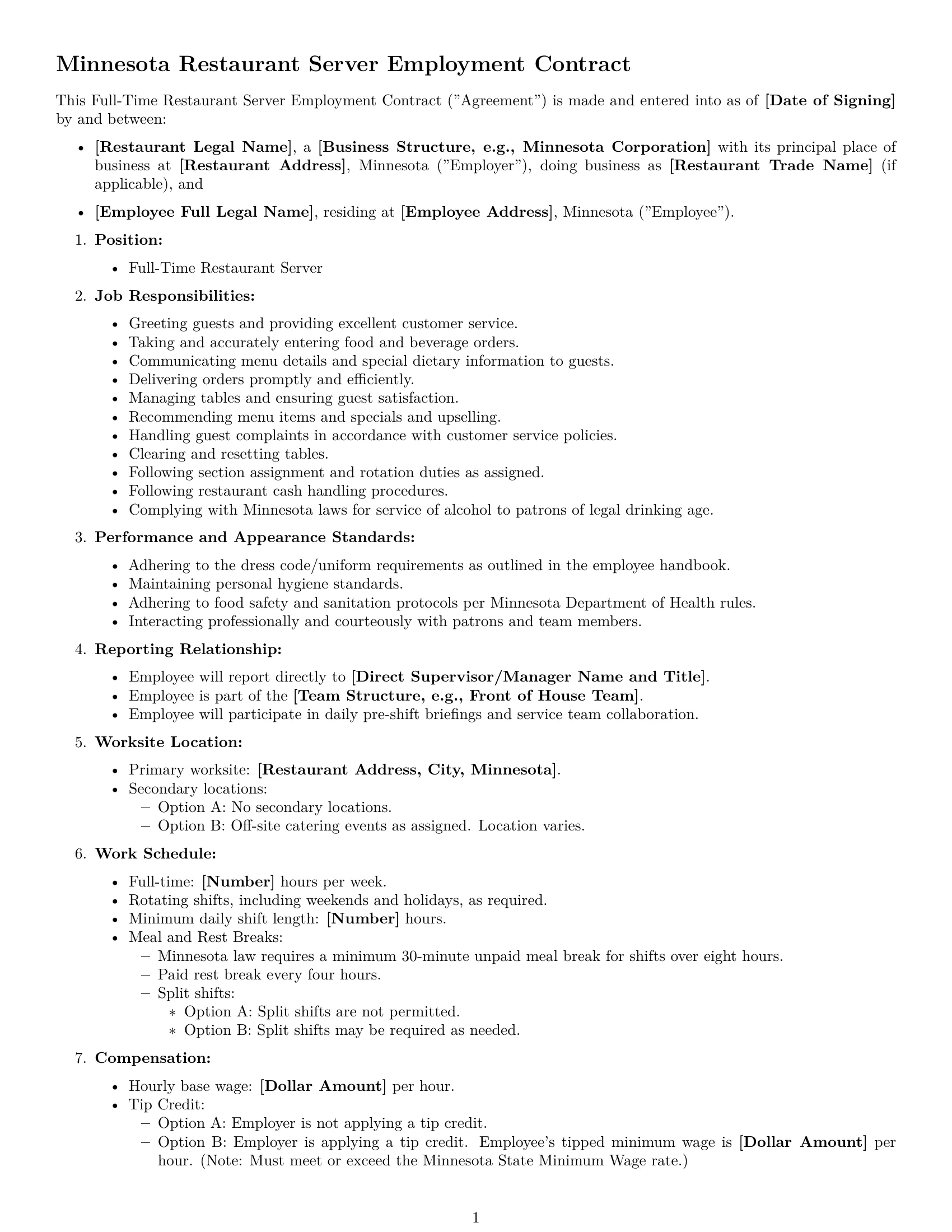 Preview page 1 of Free Minnesota restaurant server employment contract template