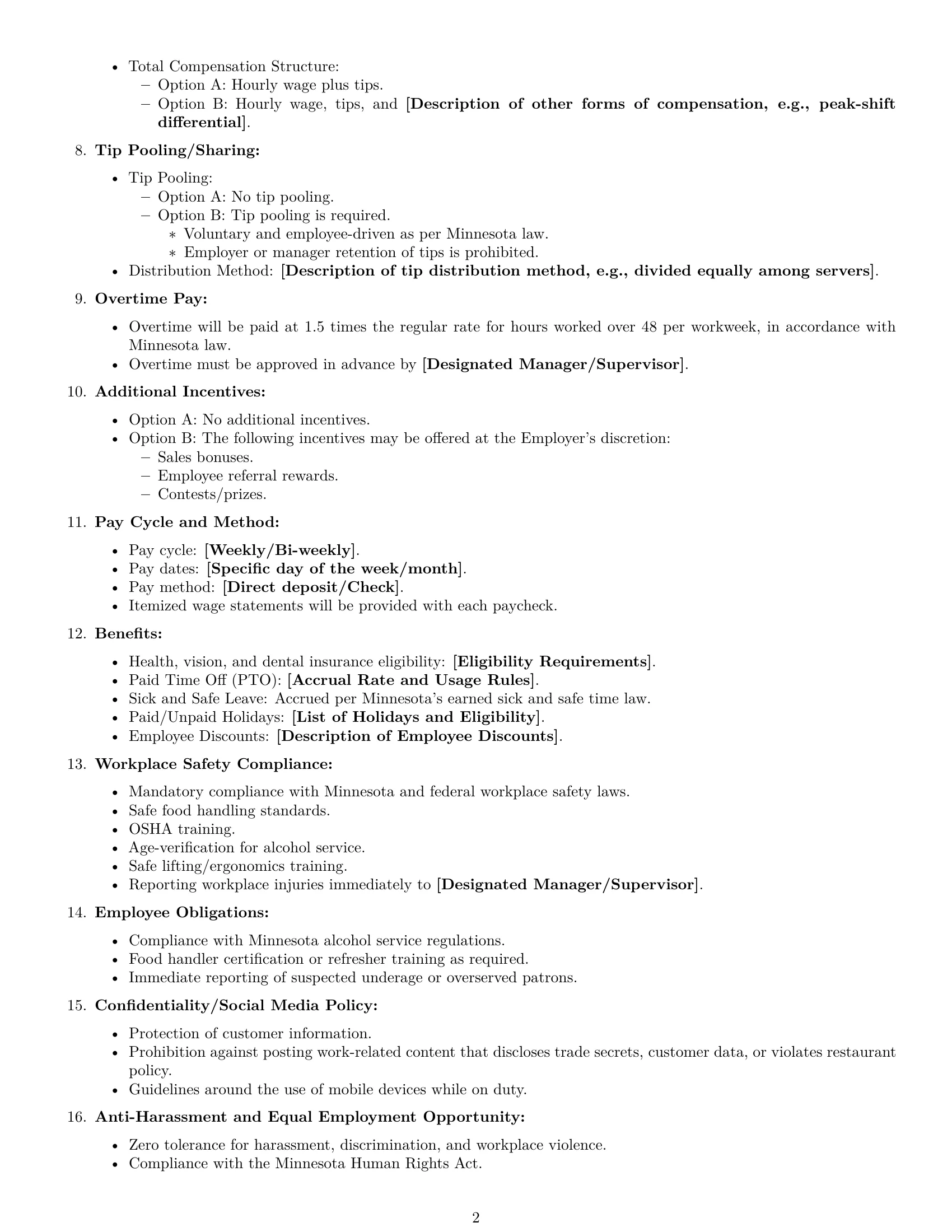 Preview page 2 of Free Minnesota restaurant server employment contract template
