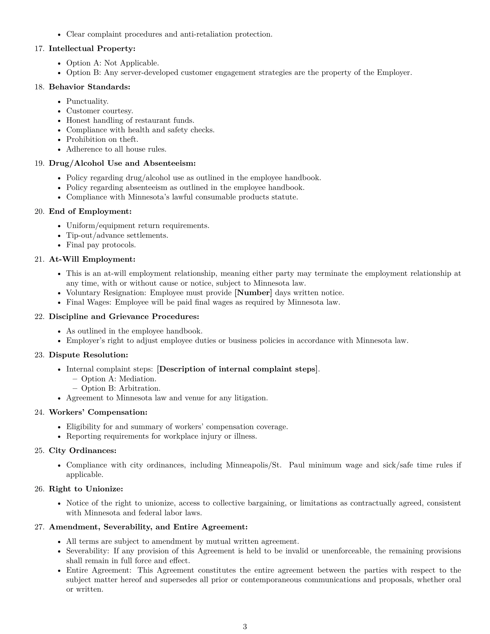 Preview page 3 of Free Minnesota restaurant server employment contract template
