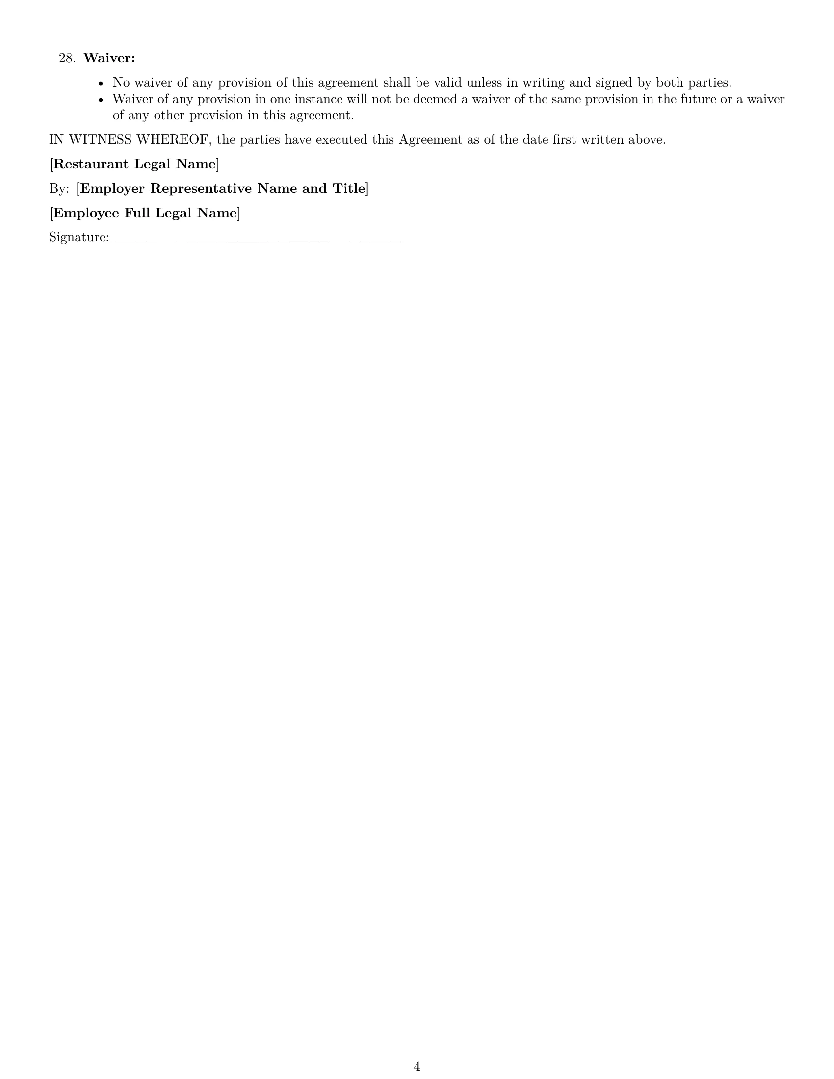 Preview page 4 of Free Minnesota restaurant server employment contract template