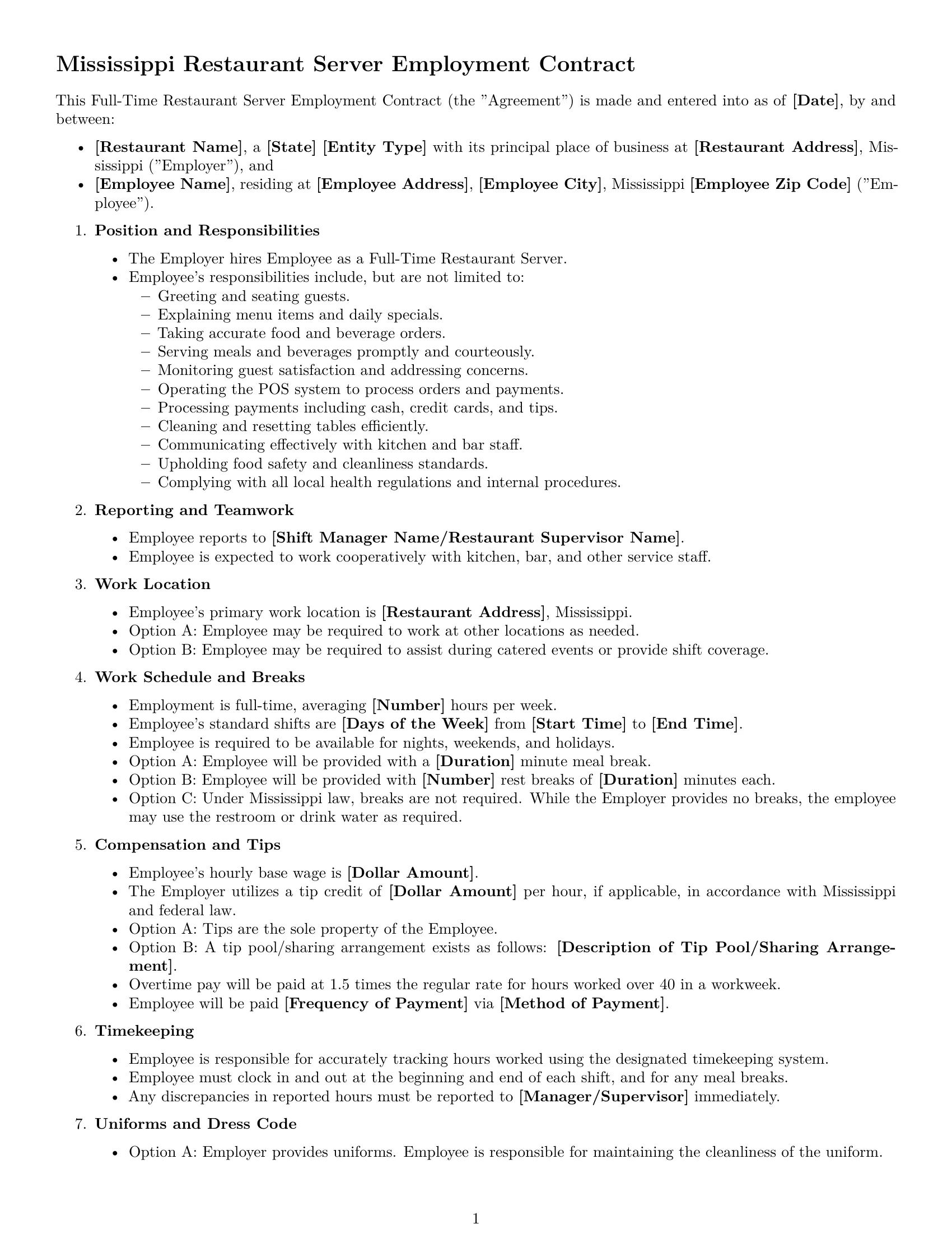 Preview page 1 of Free Mississippi restaurant server employment contract template