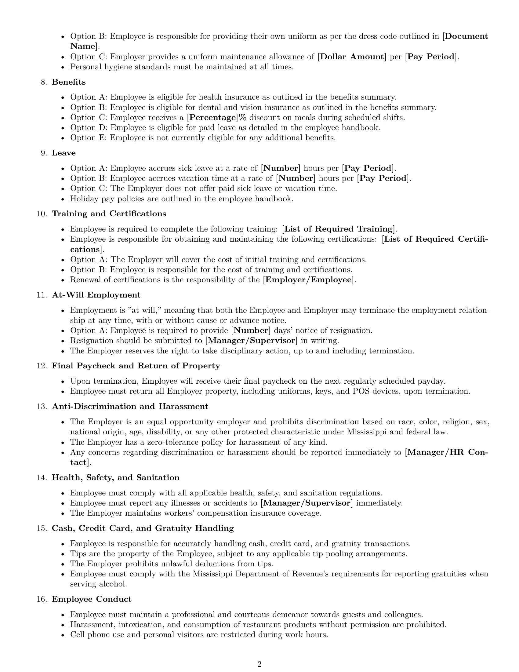 Preview page 2 of Free Mississippi restaurant server employment contract template