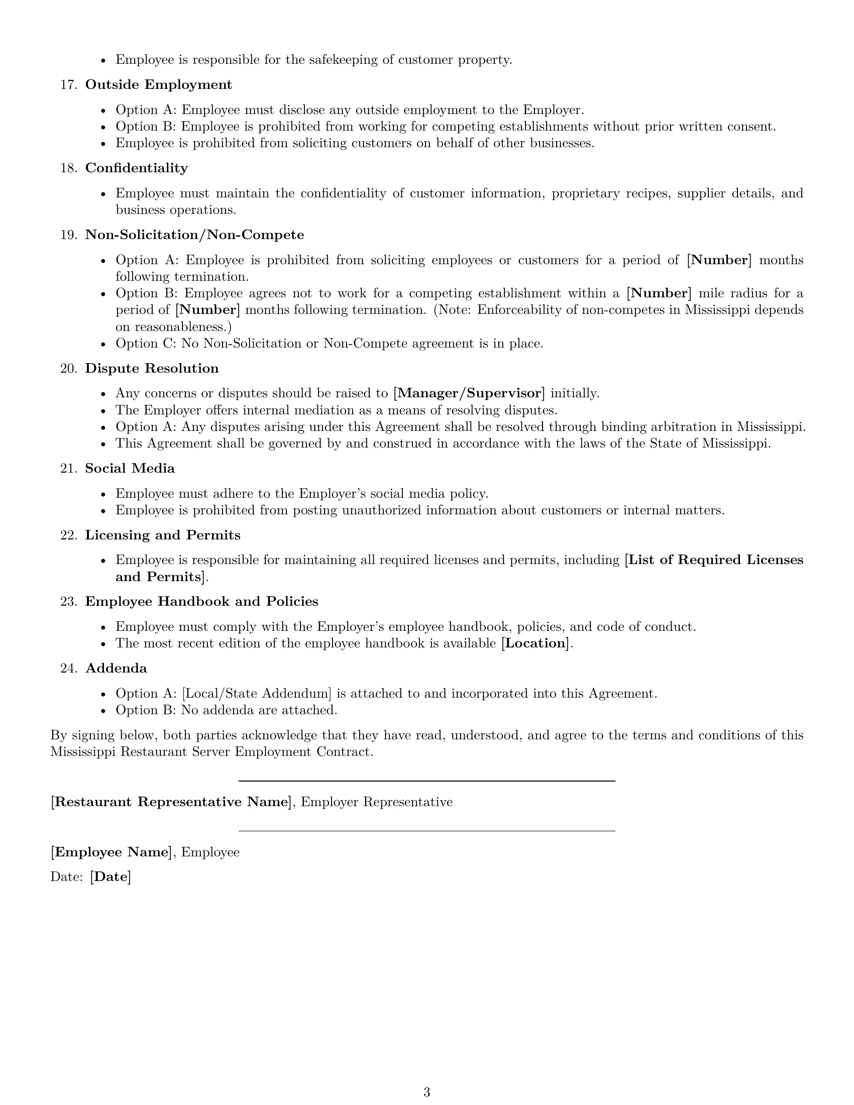 Preview page 3 of Free Mississippi restaurant server employment contract template