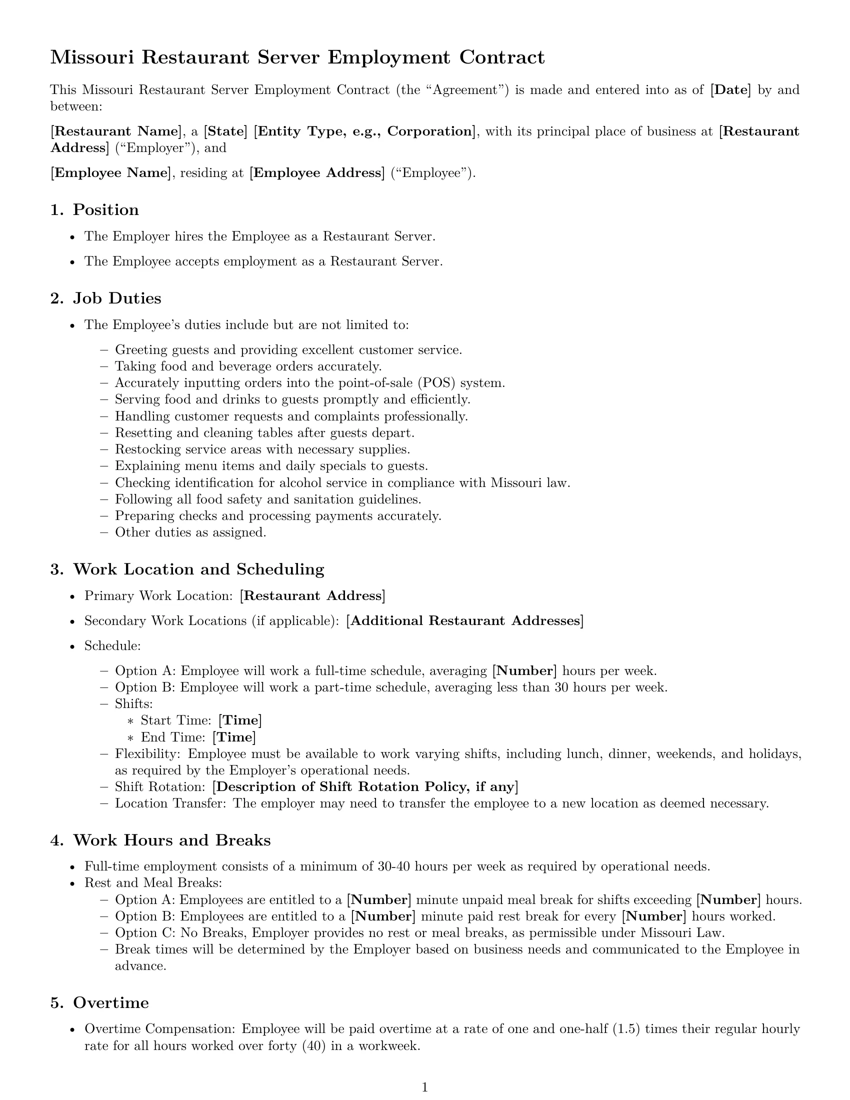 Preview page 1 of Free Missouri restaurant server employment contract template
