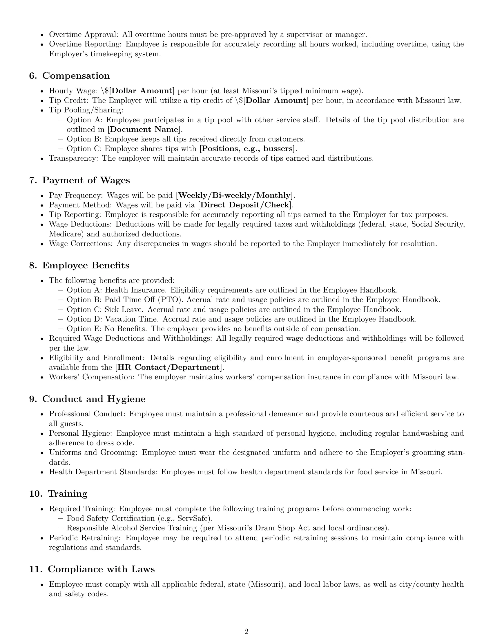 Preview page 2 of Free Missouri restaurant server employment contract template