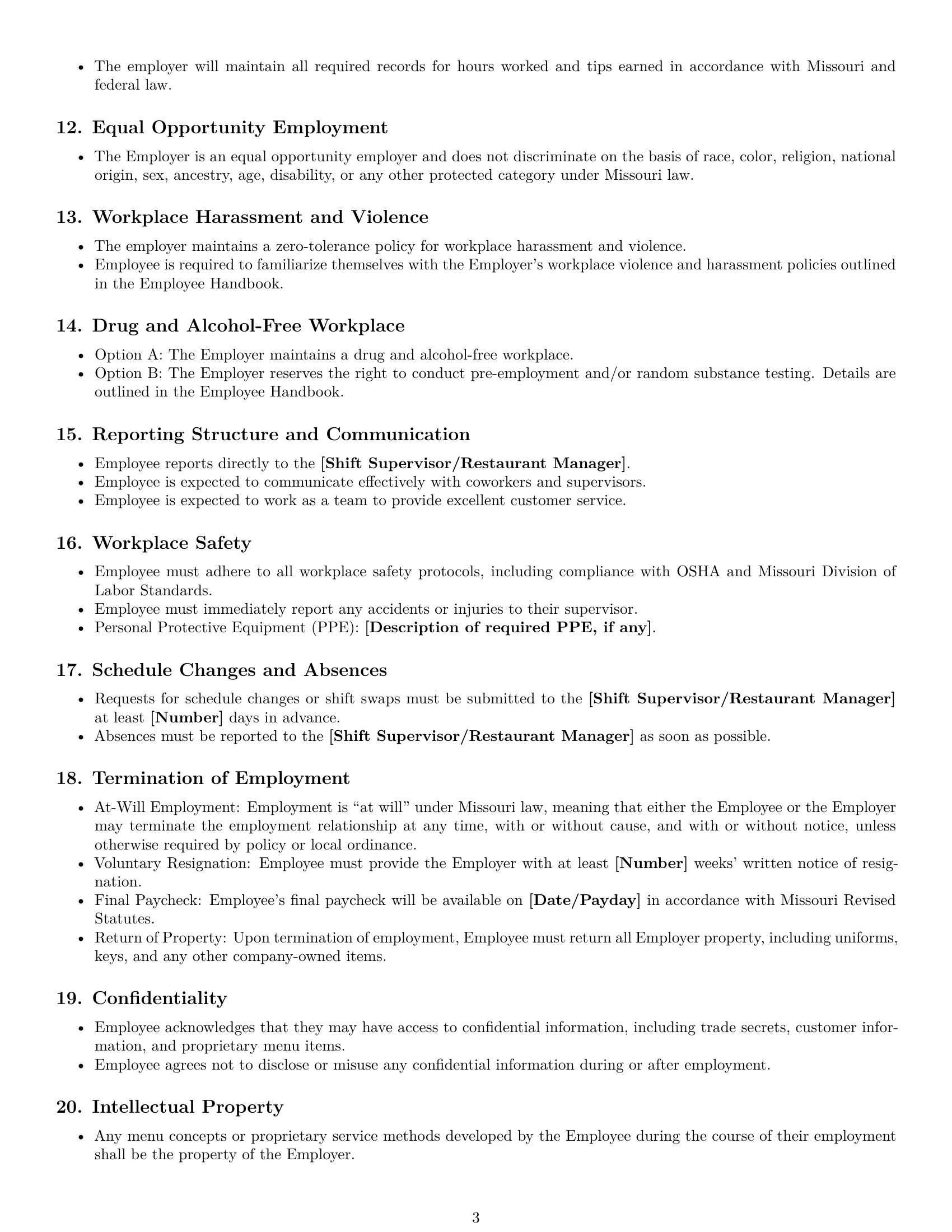Preview page 3 of Free Missouri restaurant server employment contract template